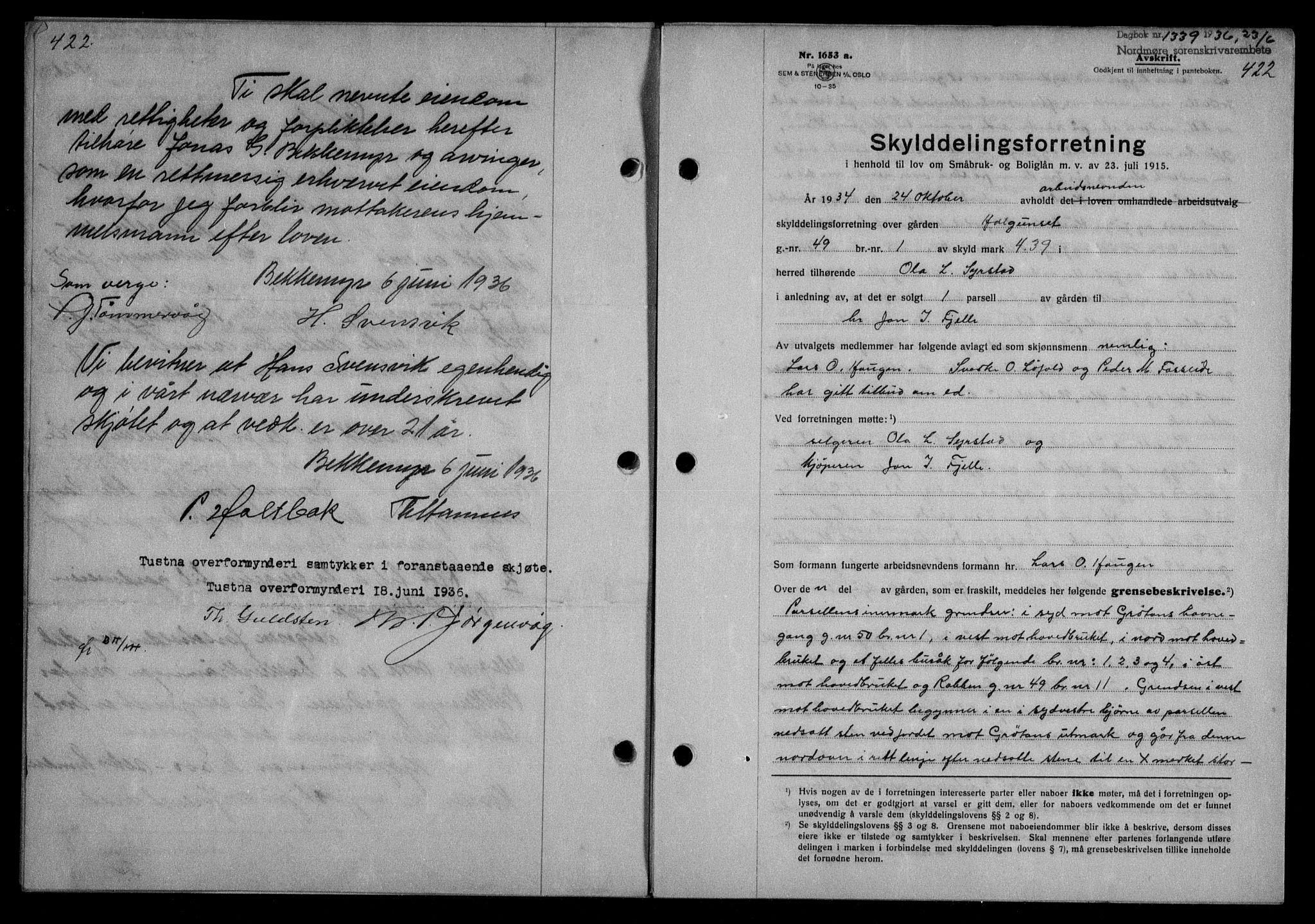 Nordmøre sorenskriveri, AV/SAT-A-4132/1/2/2Ca/L0088: Mortgage book no. 78, 1936-1936, Diary no: : 1339/1936