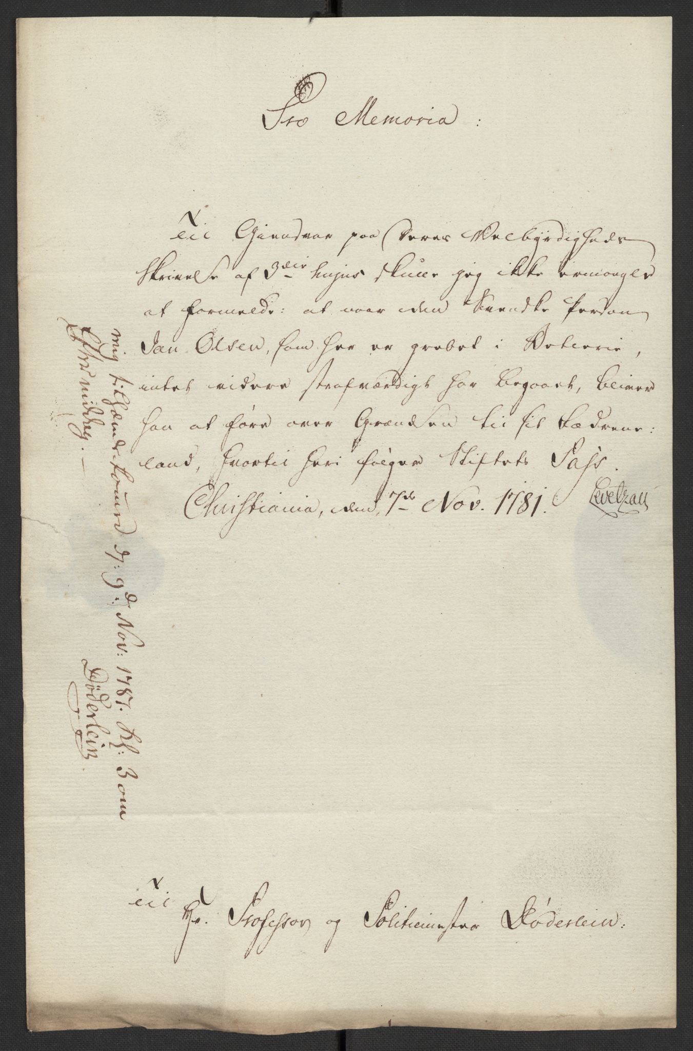 Oslo politidistrikt, AV/SAO-A-10085/D/Da/L0003: Innkomne brev, pro memoria m.v., 1781, p. 88