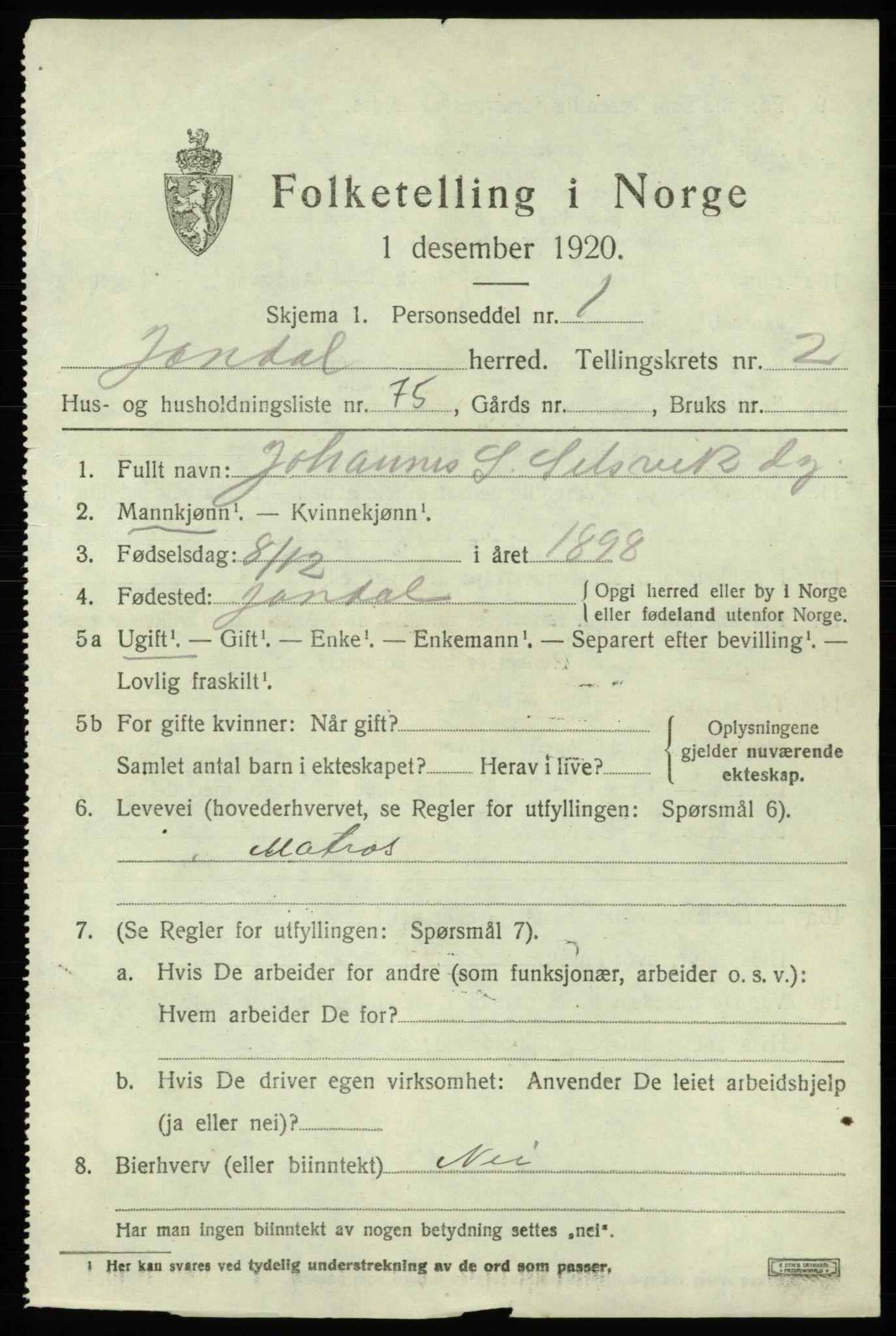 SAB, 1920 census for Jondal, 1920, p. 1742