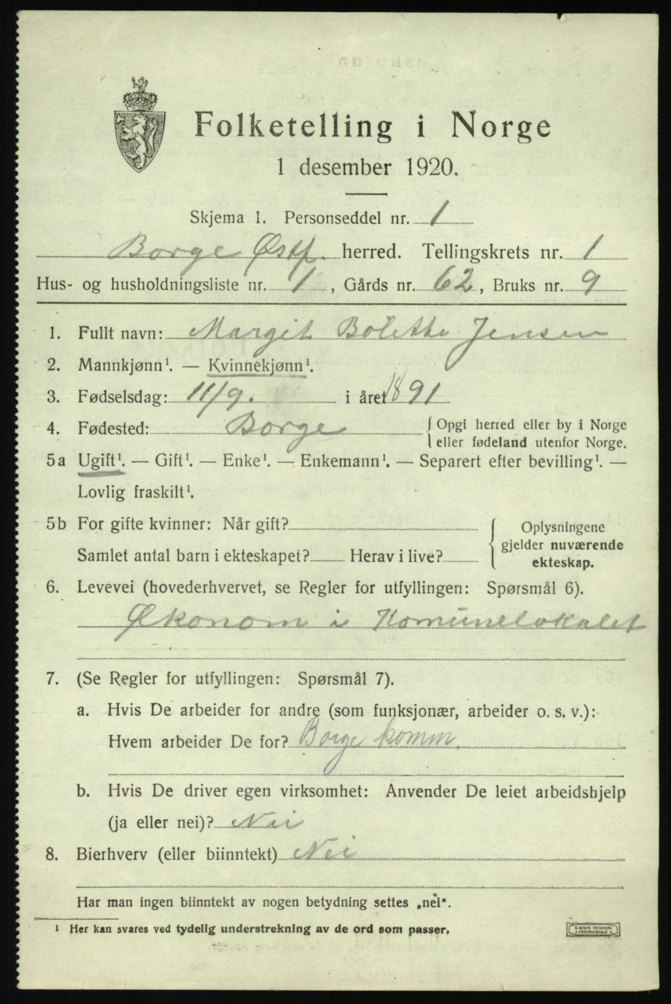 SAO, 1920 census for Borge, 1920, p. 1889