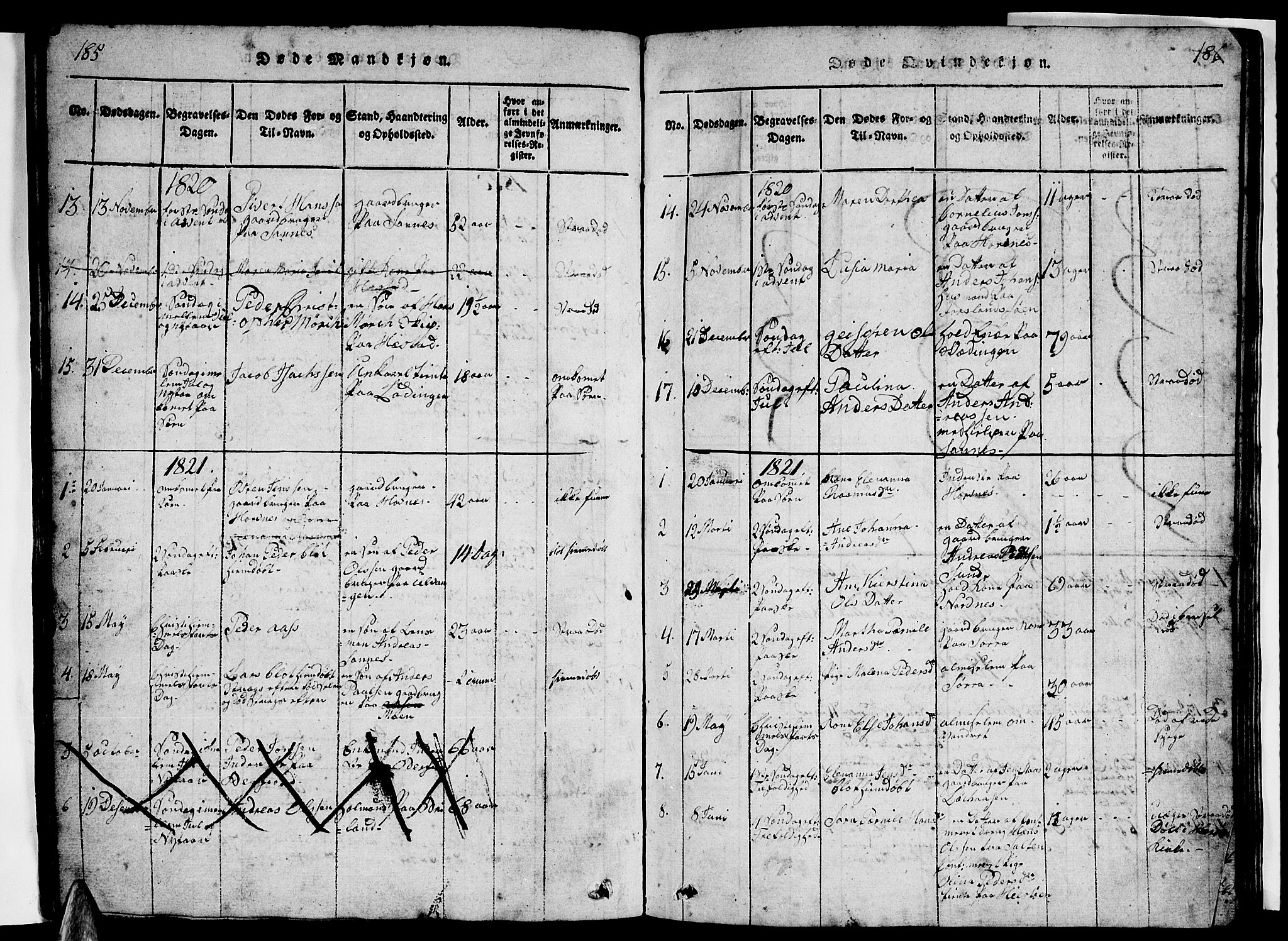 Ministerialprotokoller, klokkerbøker og fødselsregistre - Nordland, AV/SAT-A-1459/831/L0474: Parish register (copy) no. 831C01, 1820-1850, p. 185-186