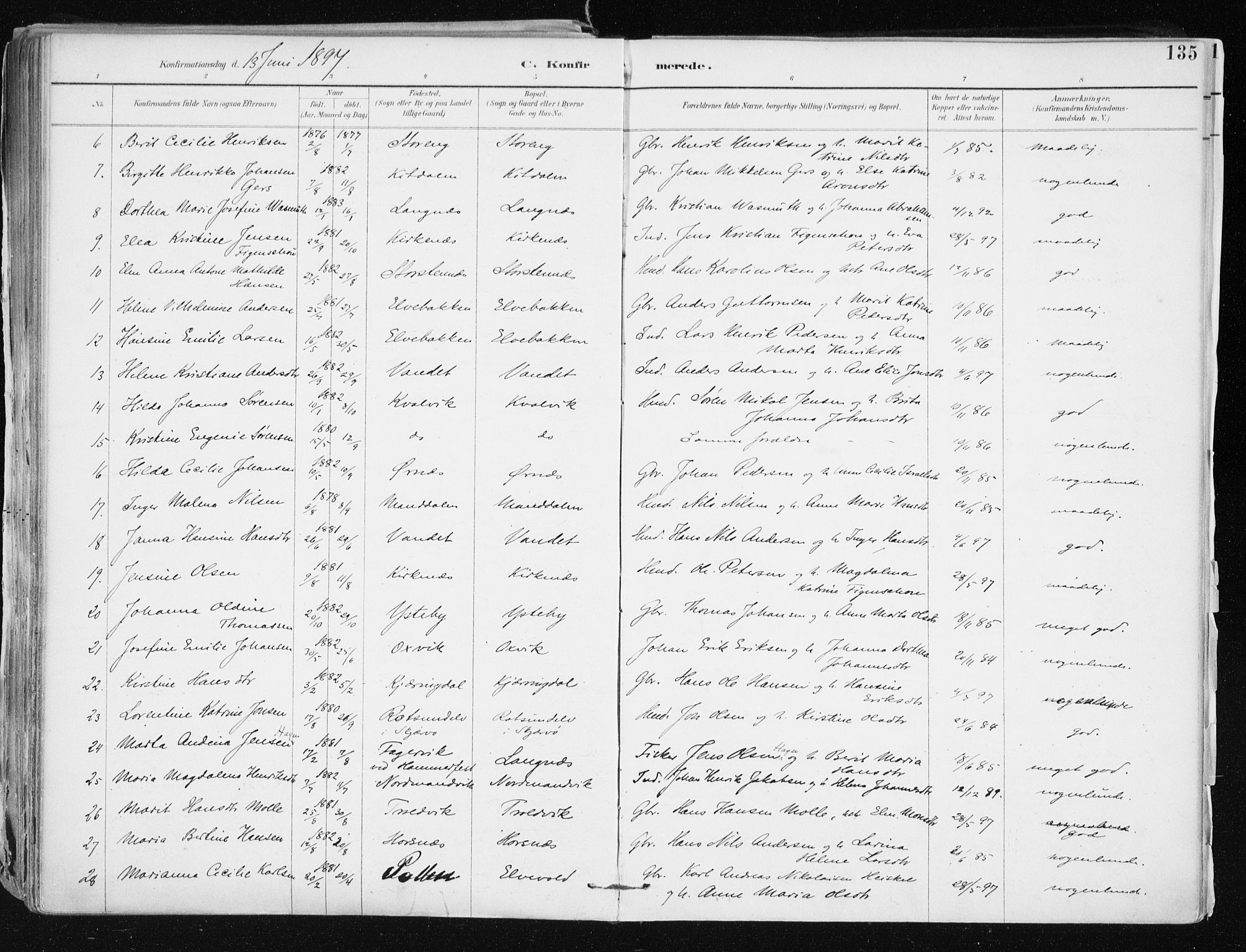 Lyngen sokneprestembete, SATØ/S-1289/H/He/Hea/L0008kirke: Parish register (official) no. 8, 1891-1902, p. 135