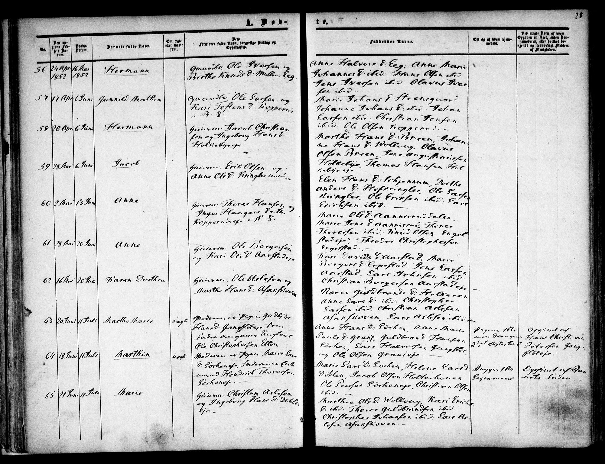 Nannestad prestekontor Kirkebøker, AV/SAO-A-10414a/F/Fa/L0011: Parish register (official) no. I 11, 1850-1859, p. 28