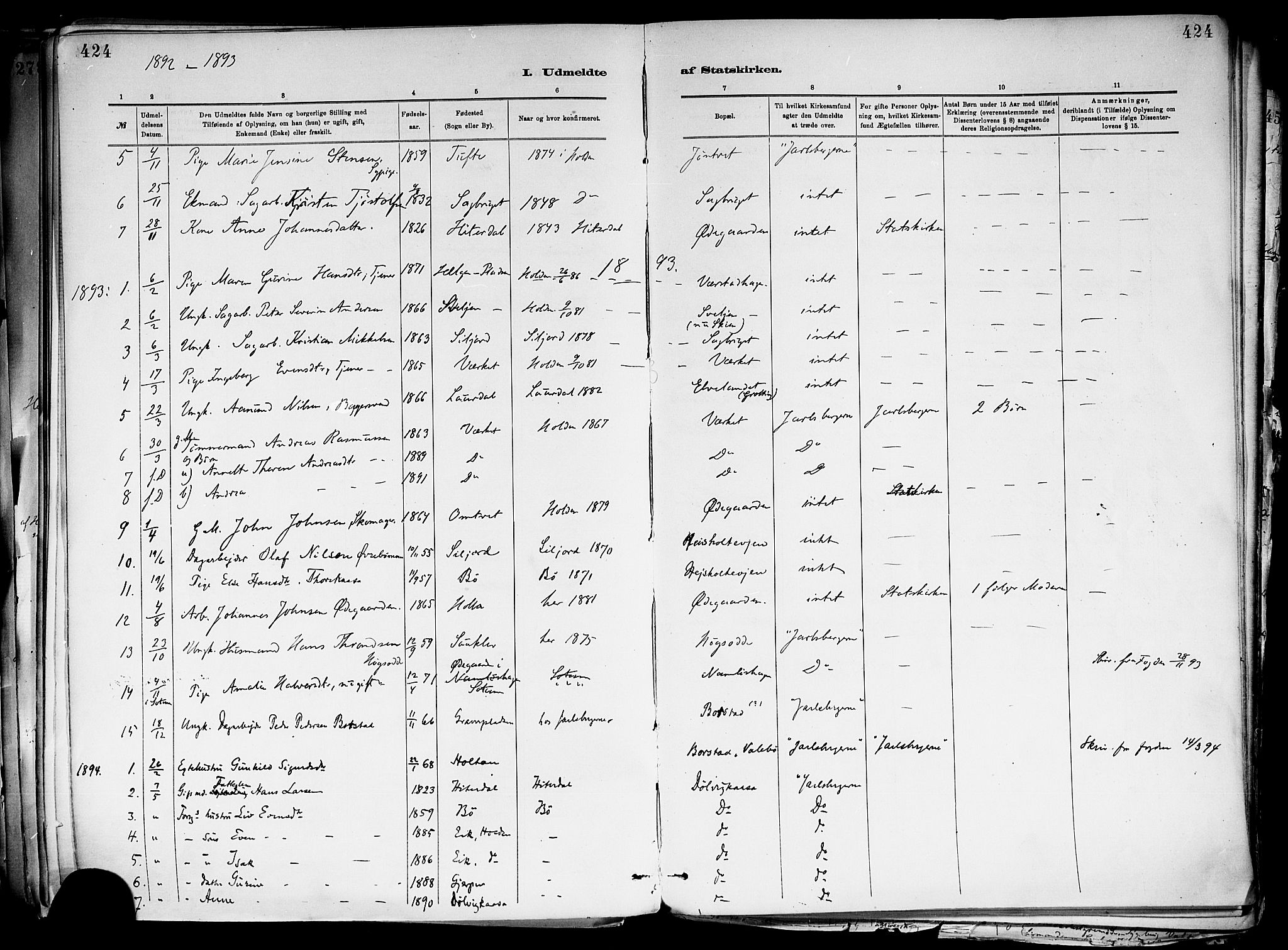 Holla kirkebøker, SAKO/A-272/F/Fa/L0008: Parish register (official) no. 8, 1882-1897, p. 424