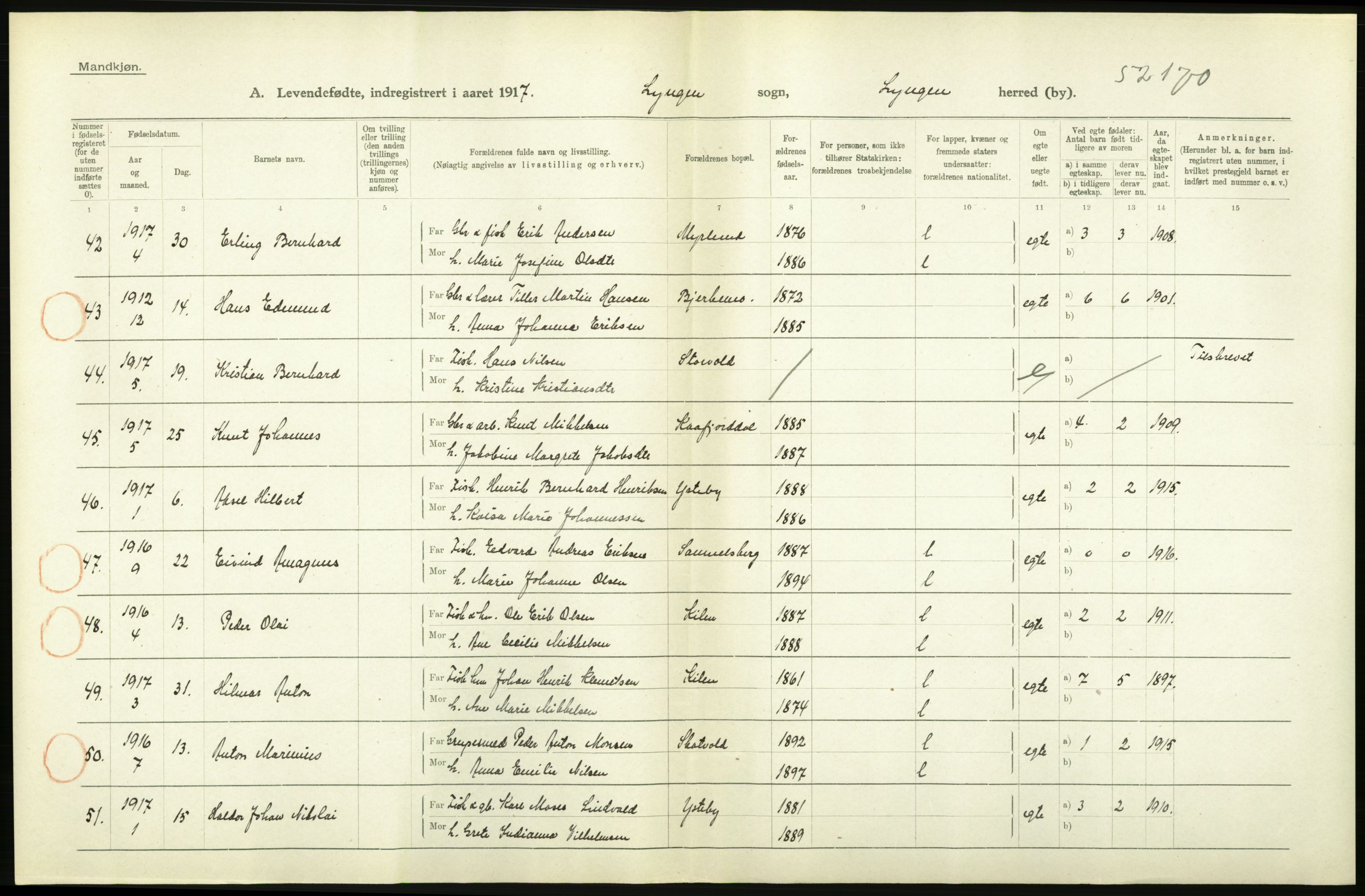 Statistisk sentralbyrå, Sosiodemografiske emner, Befolkning, AV/RA-S-2228/D/Df/Dfb/Dfbg/L0053: Tromsø amt: Levendefødte menn og kvinner. Bygder og byer., 1917, p. 210