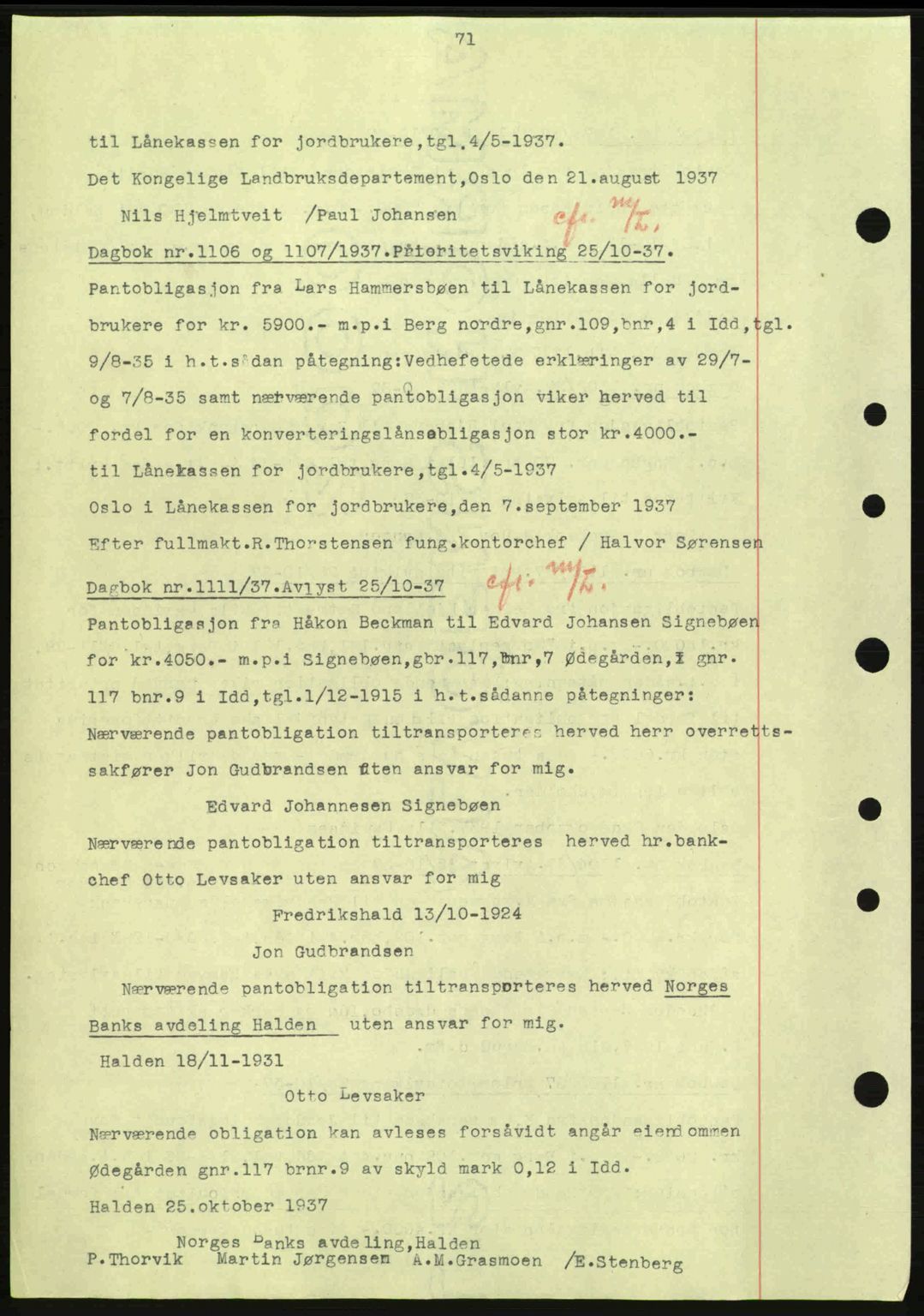 Idd og Marker sorenskriveri, AV/SAO-A-10283/G/Gb/Gbc/L0001: Mortgage book no. B1-3, 1936-1939, Diary no: : 1106/1937