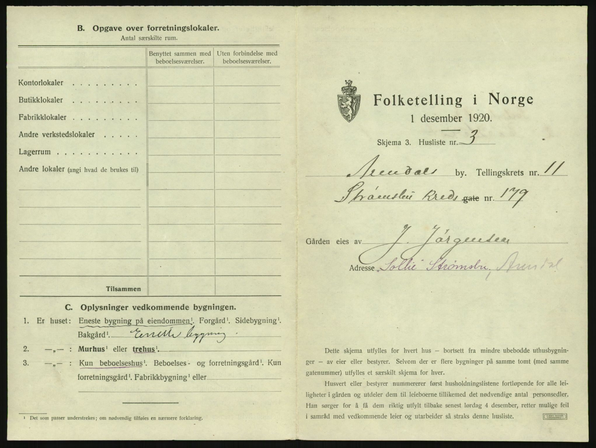 SAK, 1920 census for Arendal, 1920, p. 1478