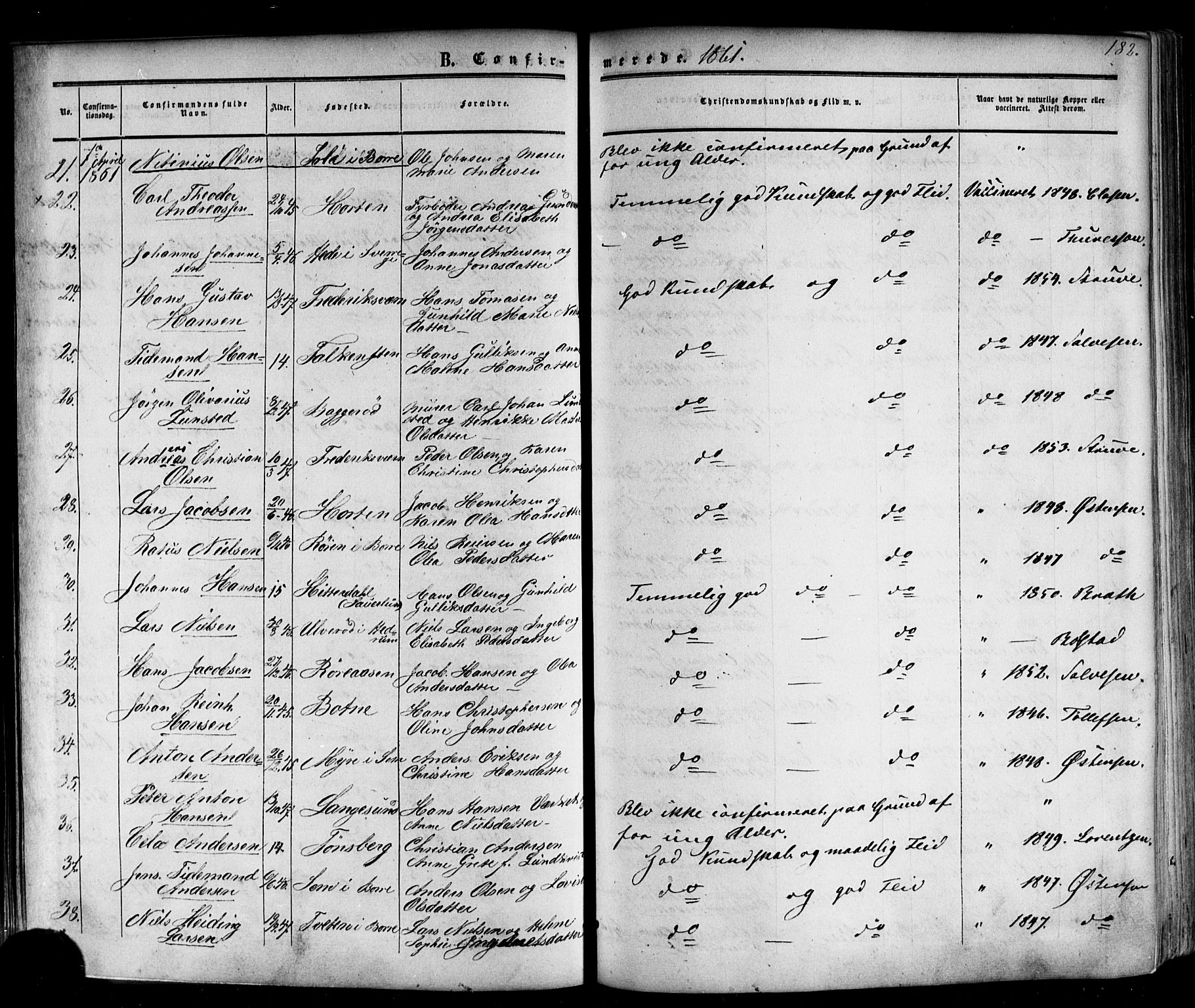 Horten kirkebøker, SAKO/A-348/F/Fa/L0001: Parish register (official) no. 1, 1855-1871, p. 182