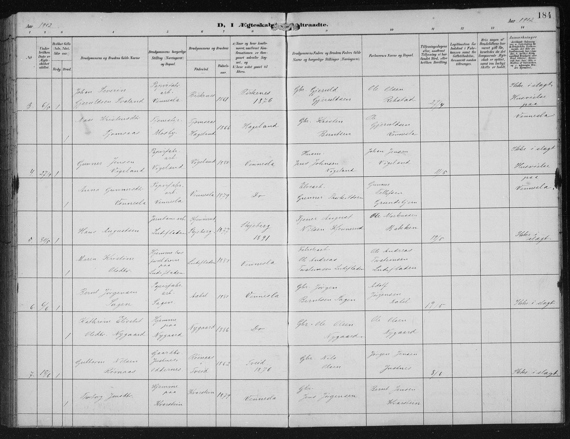 Vennesla sokneprestkontor, AV/SAK-1111-0045/Fb/Fbb/L0004: Parish register (copy) no. B 4, 1893-1902, p. 184