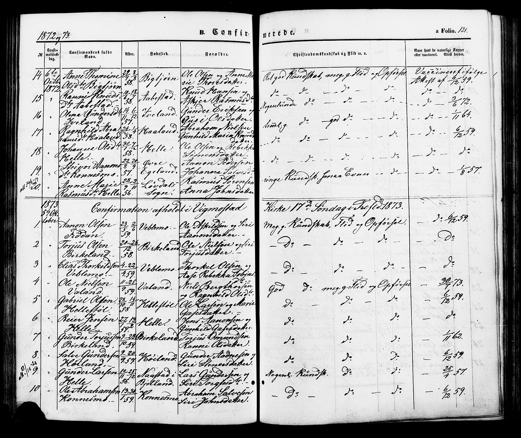 Nord-Audnedal sokneprestkontor, AV/SAK-1111-0032/F/Fa/Faa/L0002: Parish register (official) no. A 2, 1857-1882, p. 121