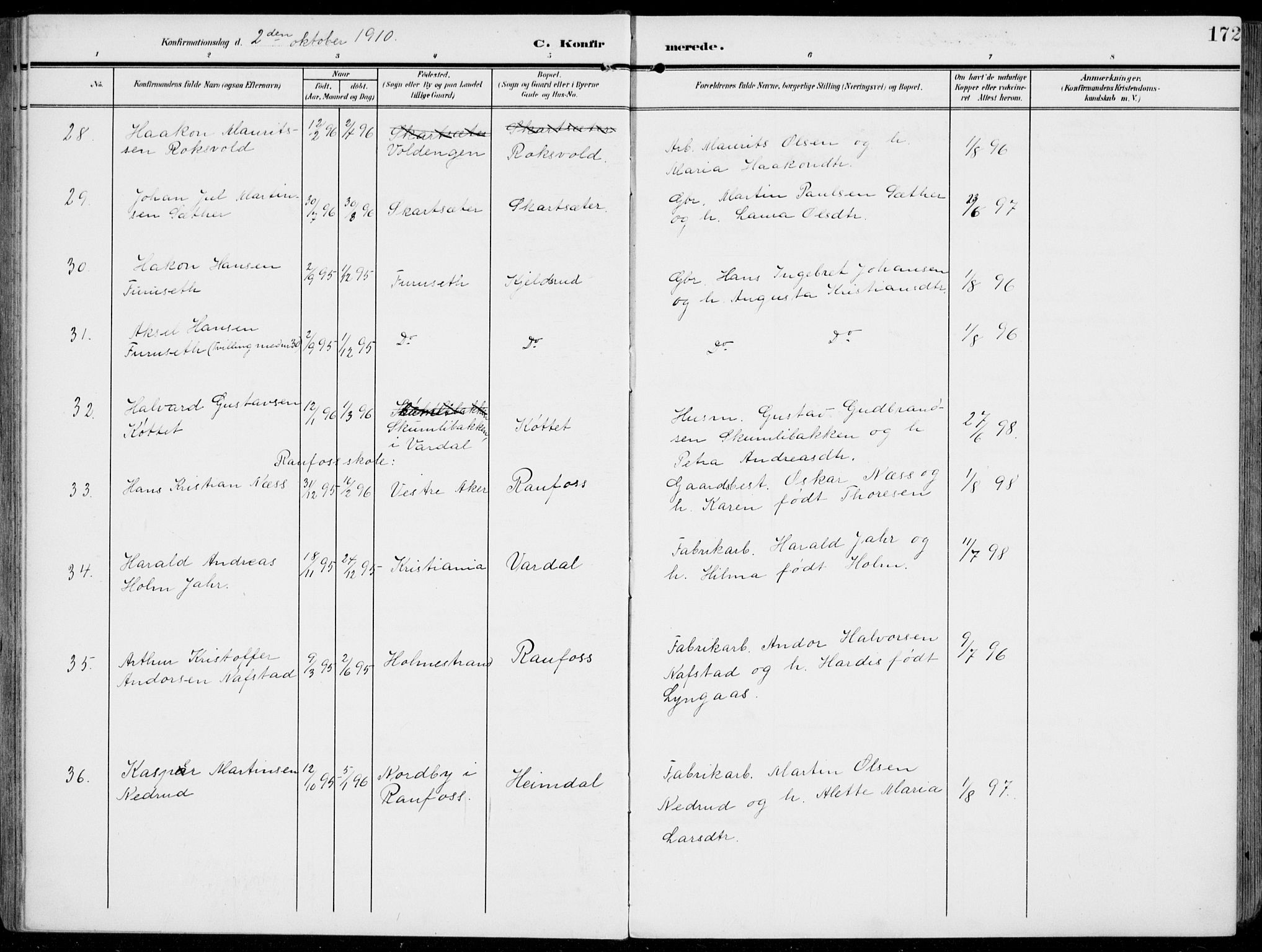 Vestre Toten prestekontor, AV/SAH-PREST-108/H/Ha/Haa/L0014: Parish register (official) no. 14, 1907-1920, p. 172