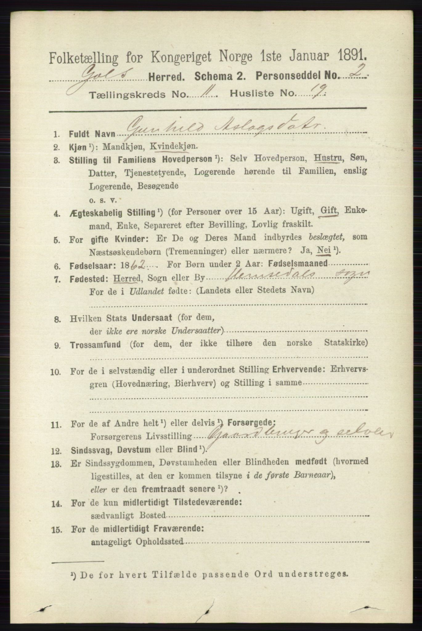 RA, 1891 census for 0617 Gol og Hemsedal, 1891, p. 4459