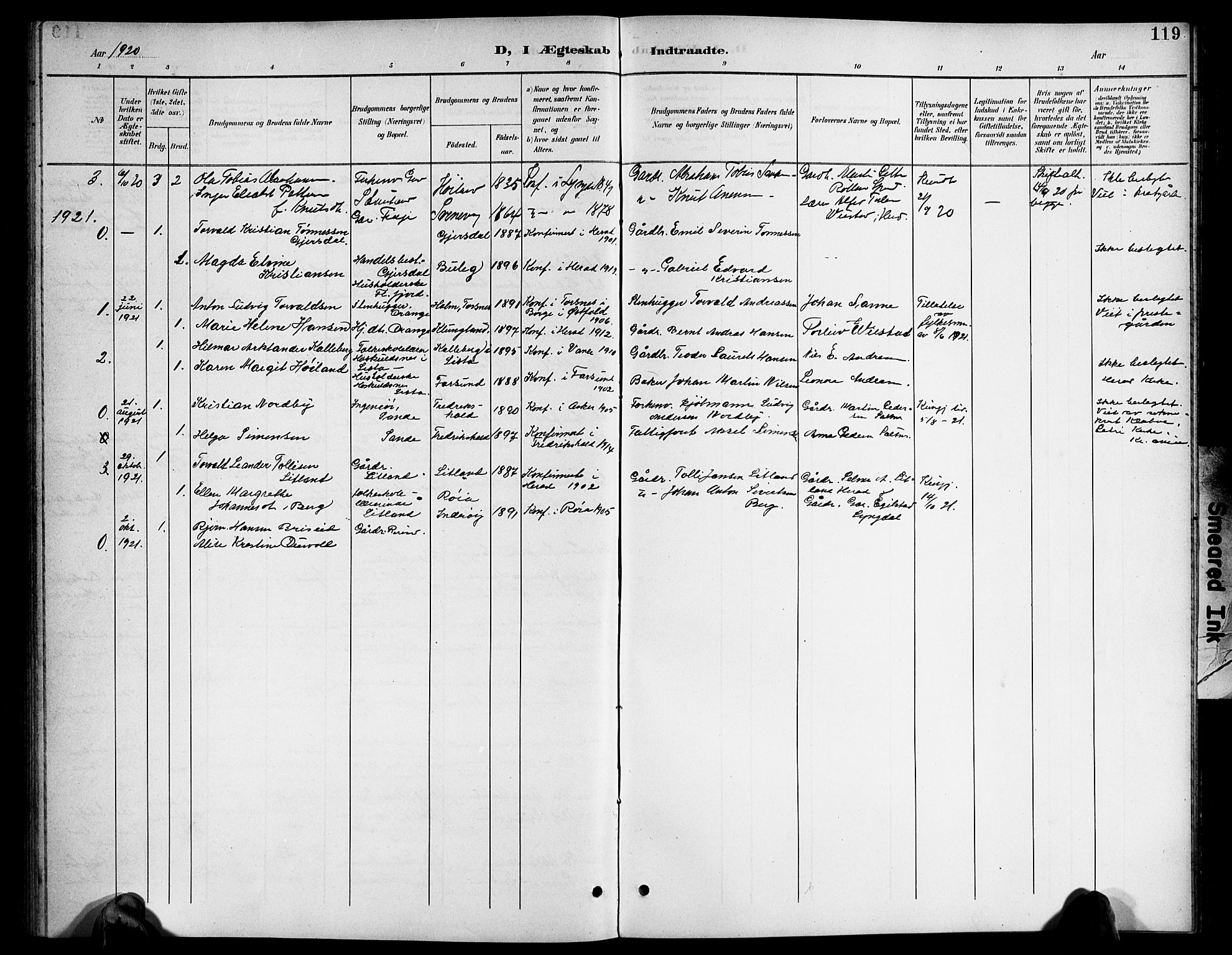 Herad sokneprestkontor, AV/SAK-1111-0018/F/Fb/Fba/L0005: Parish register (copy) no. B 5, 1899-1921, p. 119