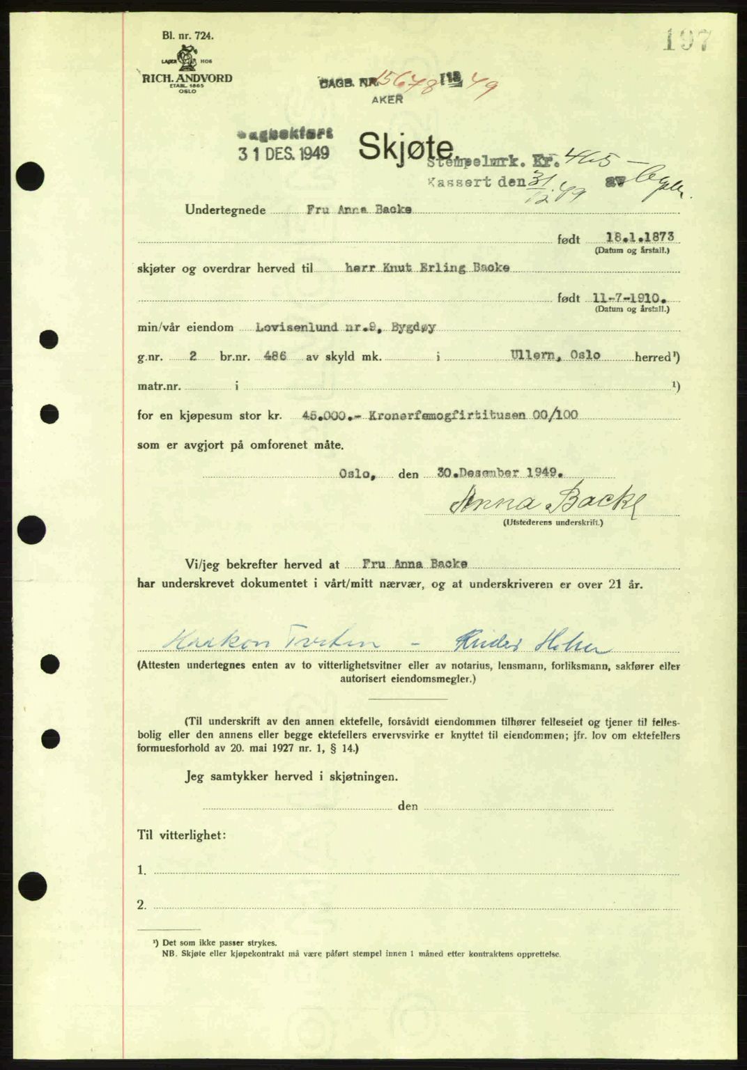 Oslo byskriverembete, AV/SAO-A-10227/G/Gb/Gbd/Gbda/L0017: Mortgage book no. A215, 1949-1950, Diary no: : 15678/1949