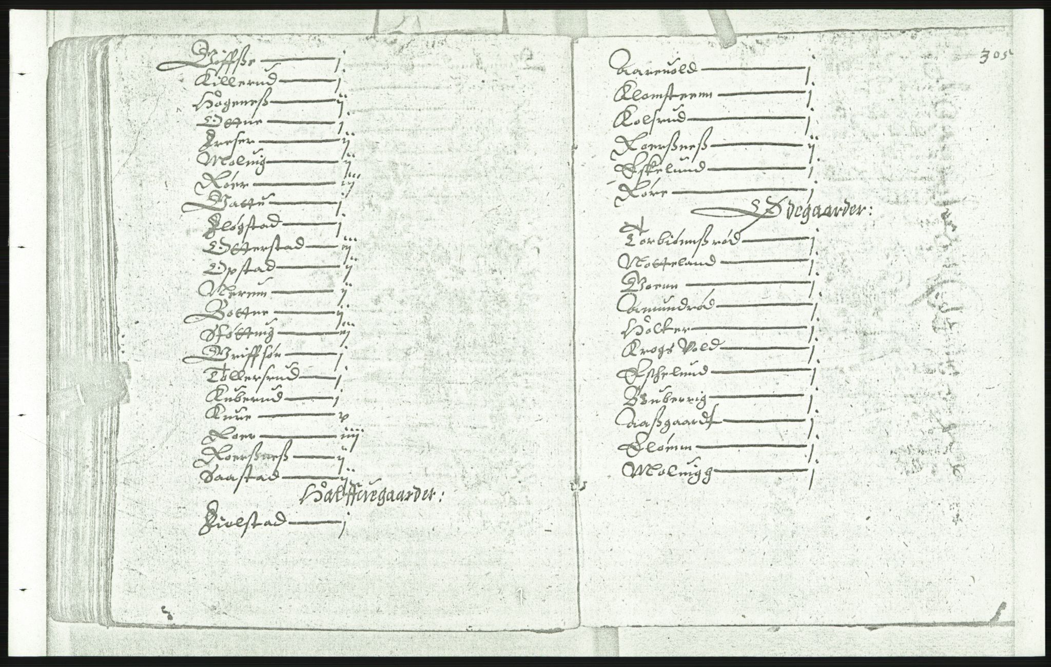 Manuskriptsamlingen, AV/RA-EA-3667/F/L0175d: Kopi av Universitetsbiblioteket, manuskript kvarto nr. 503, Manntall på fulle og halve og ødegårder uti Oslo og Hamar stift anno 1602, IV Nedre Romerike, Midtre og Øvre Borgesyssel, 1602, p. 304b-305a