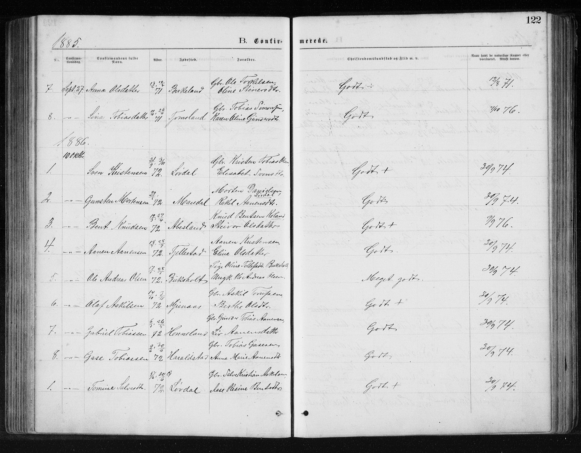 Holum sokneprestkontor, SAK/1111-0022/F/Fb/Fbb/L0003: Parish register (copy) no. B 3, 1875-1898, p. 122