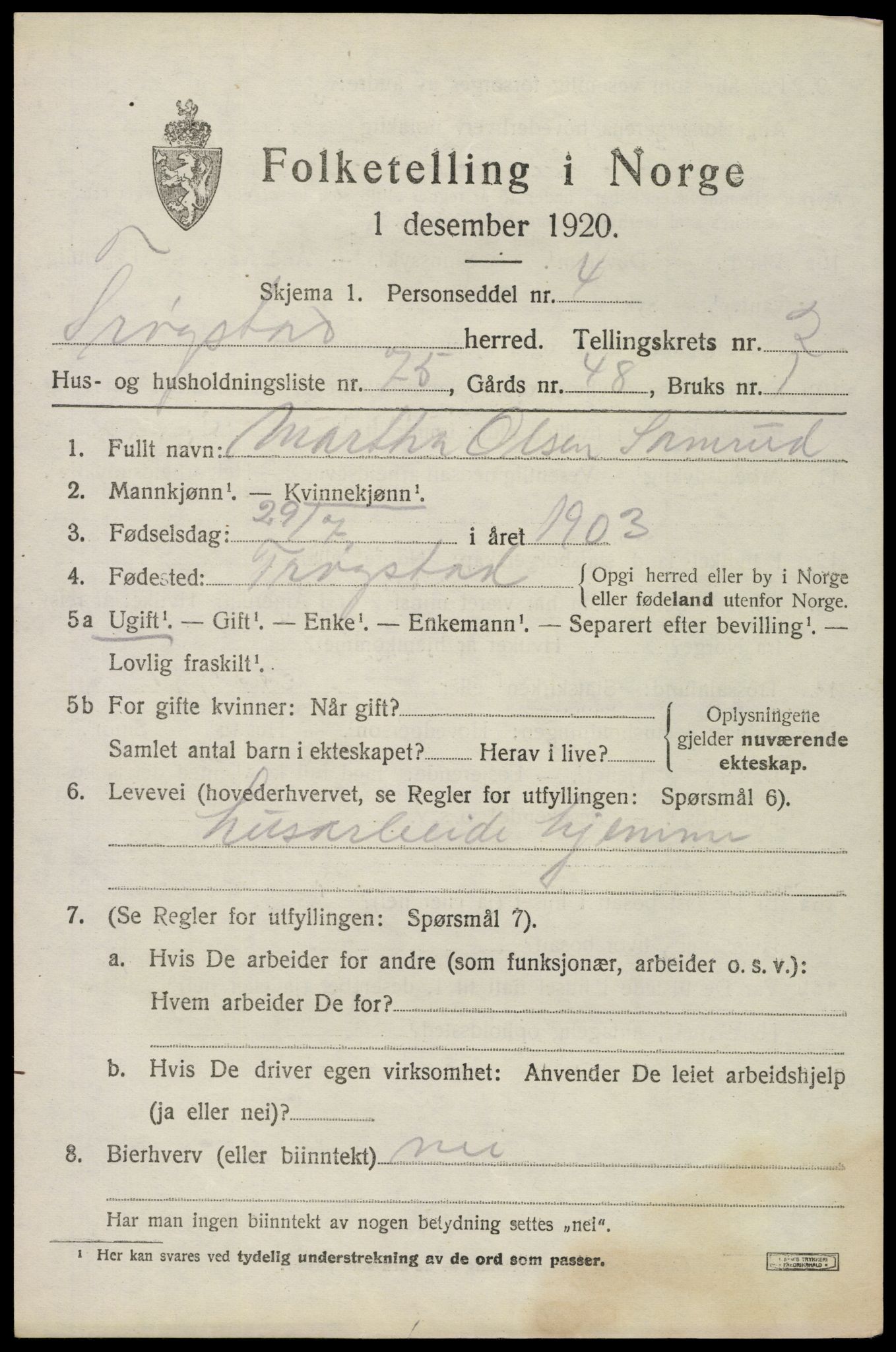 SAO, 1920 census for Trøgstad, 1920, p. 3120