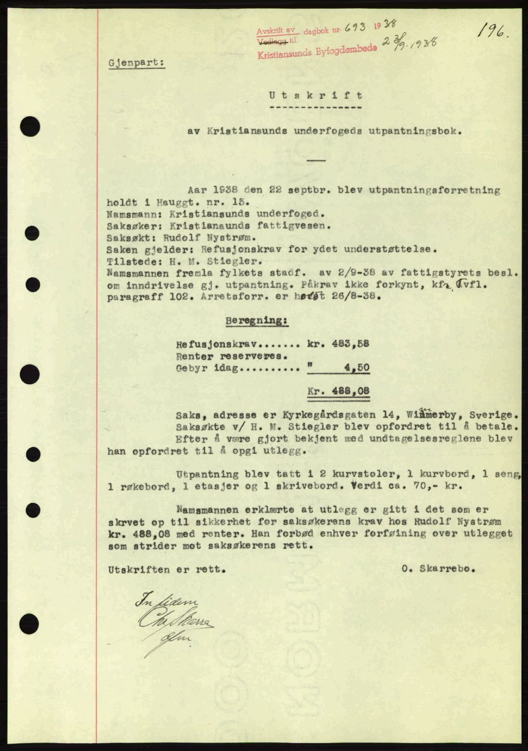 Kristiansund byfogd, SAT/A-4587/A/27: Mortgage book no. 31, 1938-1939, Diary no: : 693/1938