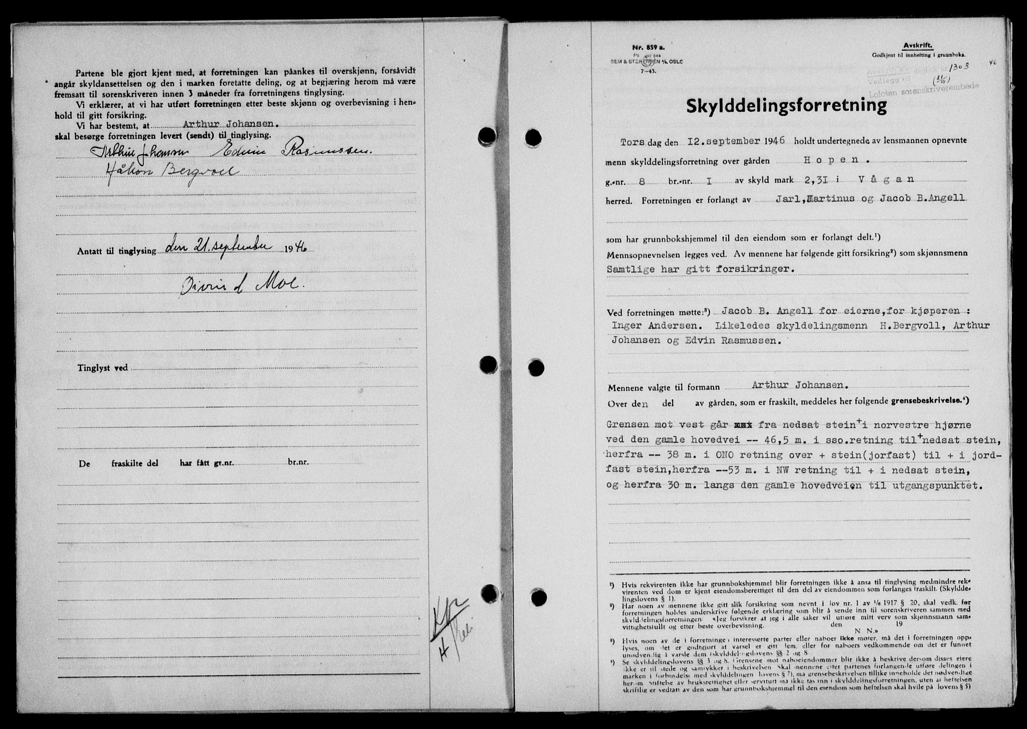 Lofoten sorenskriveri, SAT/A-0017/1/2/2C/L0014a: Mortgage book no. 14a, 1946-1946, Diary no: : 1303/1946