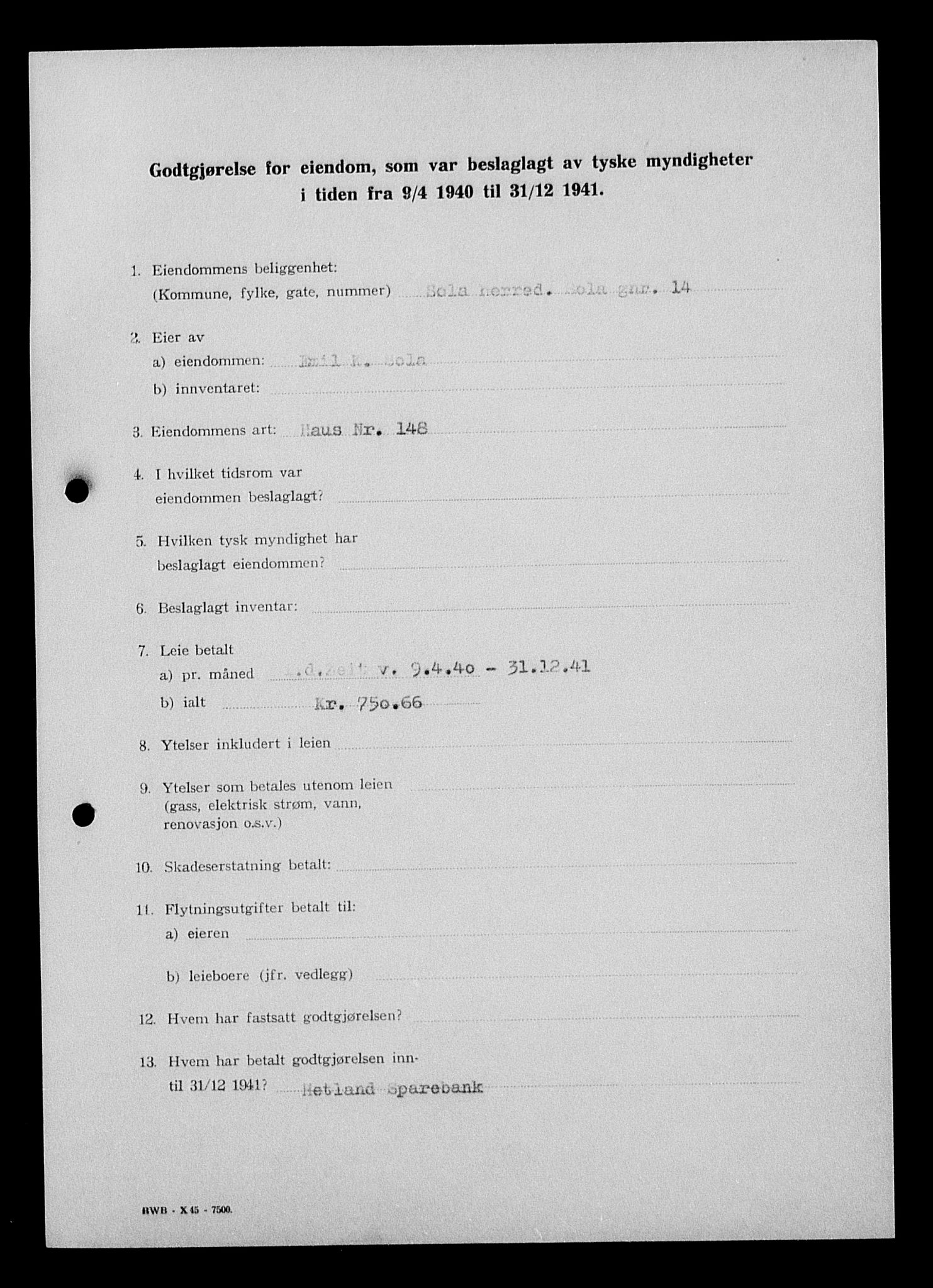 Justisdepartementet, Tilbakeføringskontoret for inndratte formuer, AV/RA-S-1564/I/L1015: Godtgjørelse for beslaglagt eiendom, 1940-1941, p. 213