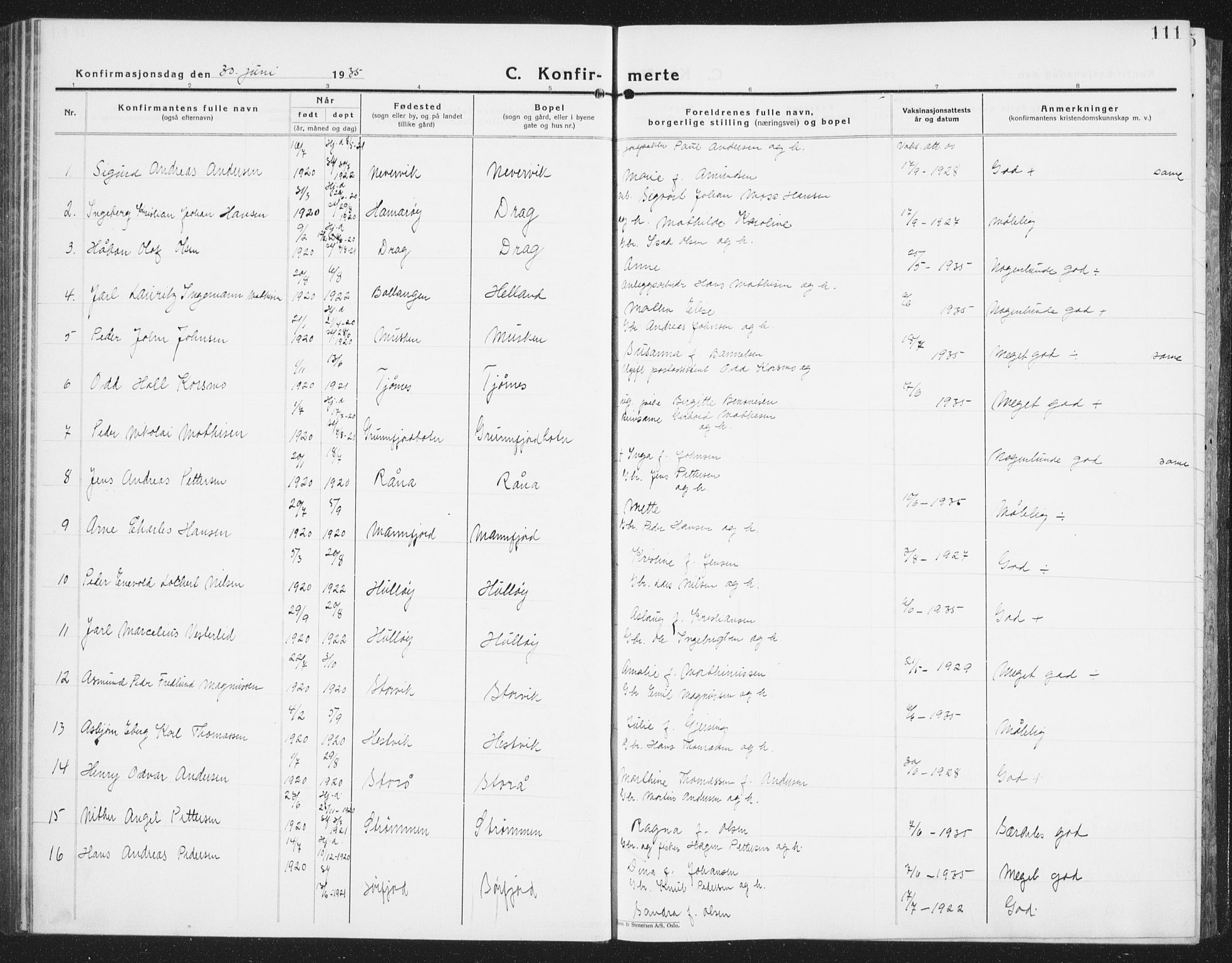Ministerialprotokoller, klokkerbøker og fødselsregistre - Nordland, SAT/A-1459/861/L0879: Parish register (copy) no. 861C05, 1926-1939, p. 111