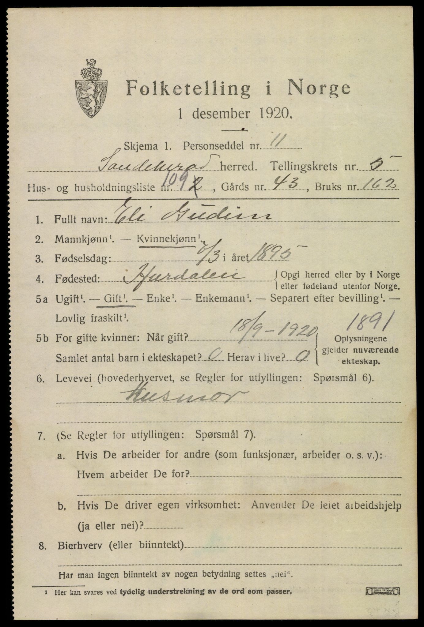 SAKO, 1920 census for Sandeherred, 1920, p. 9540