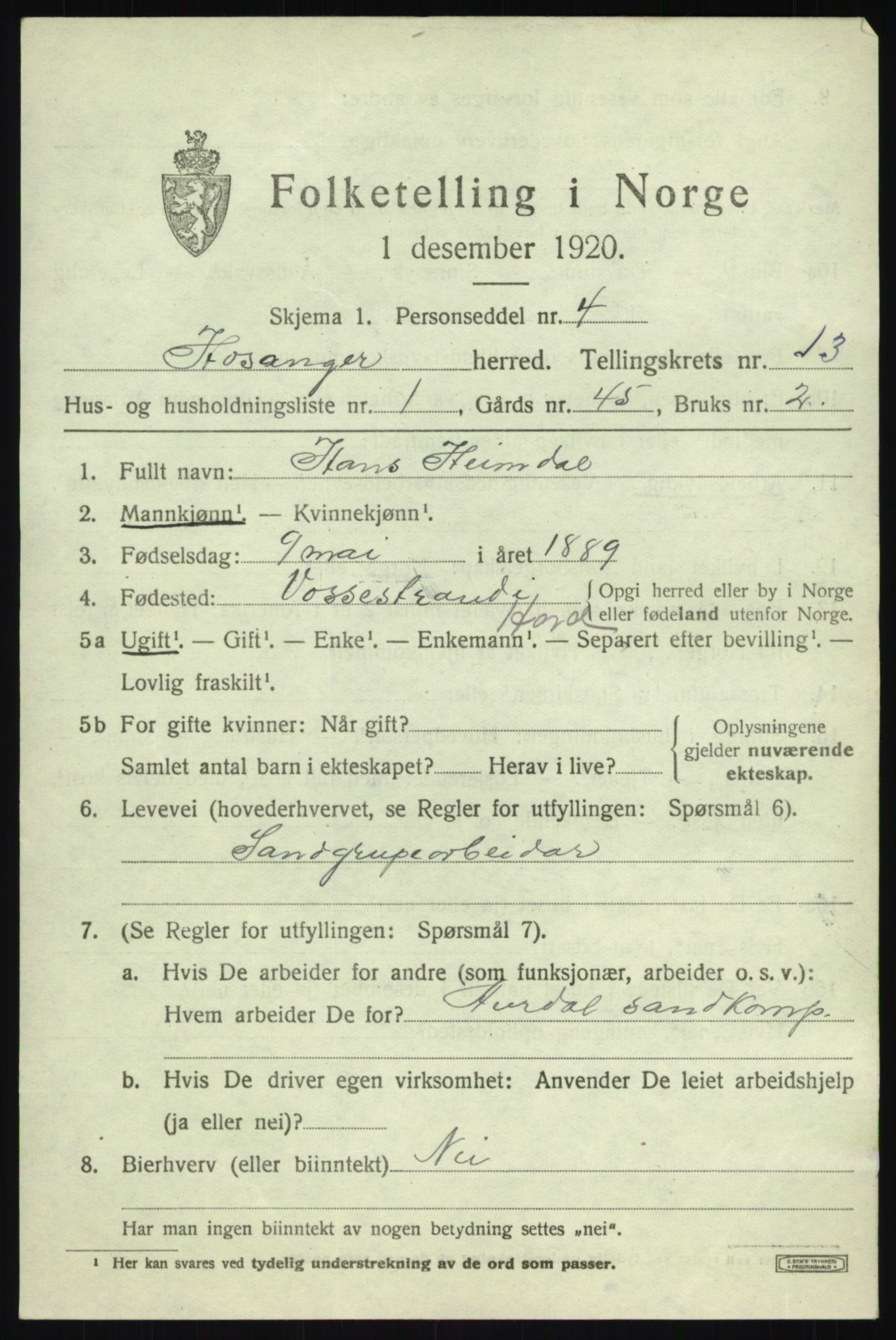 SAB, 1920 census for Hosanger, 1920, p. 5105