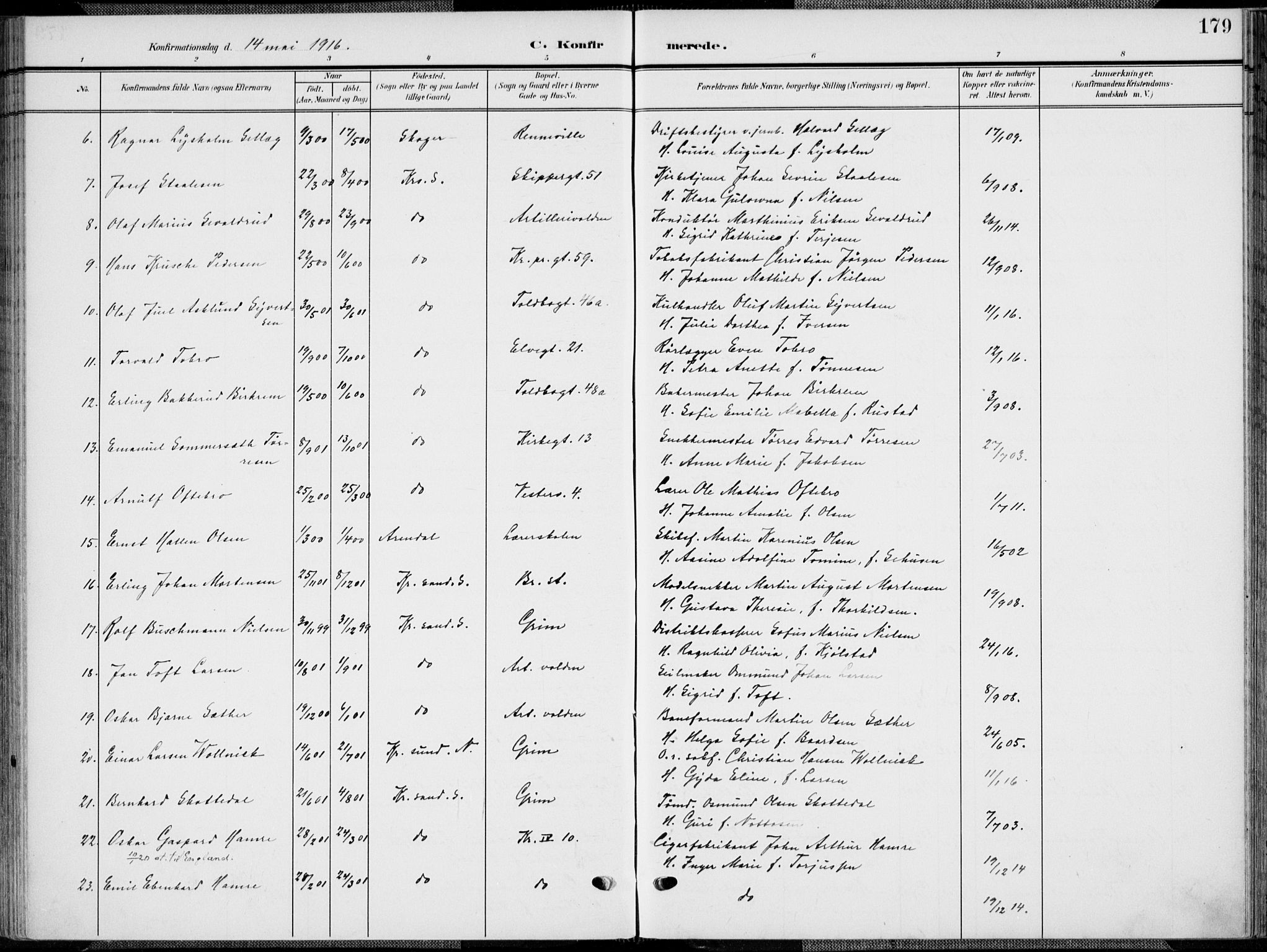 Kristiansand domprosti, SAK/1112-0006/F/Fa/L0022: Parish register (official) no. A 21, 1905-1916, p. 179