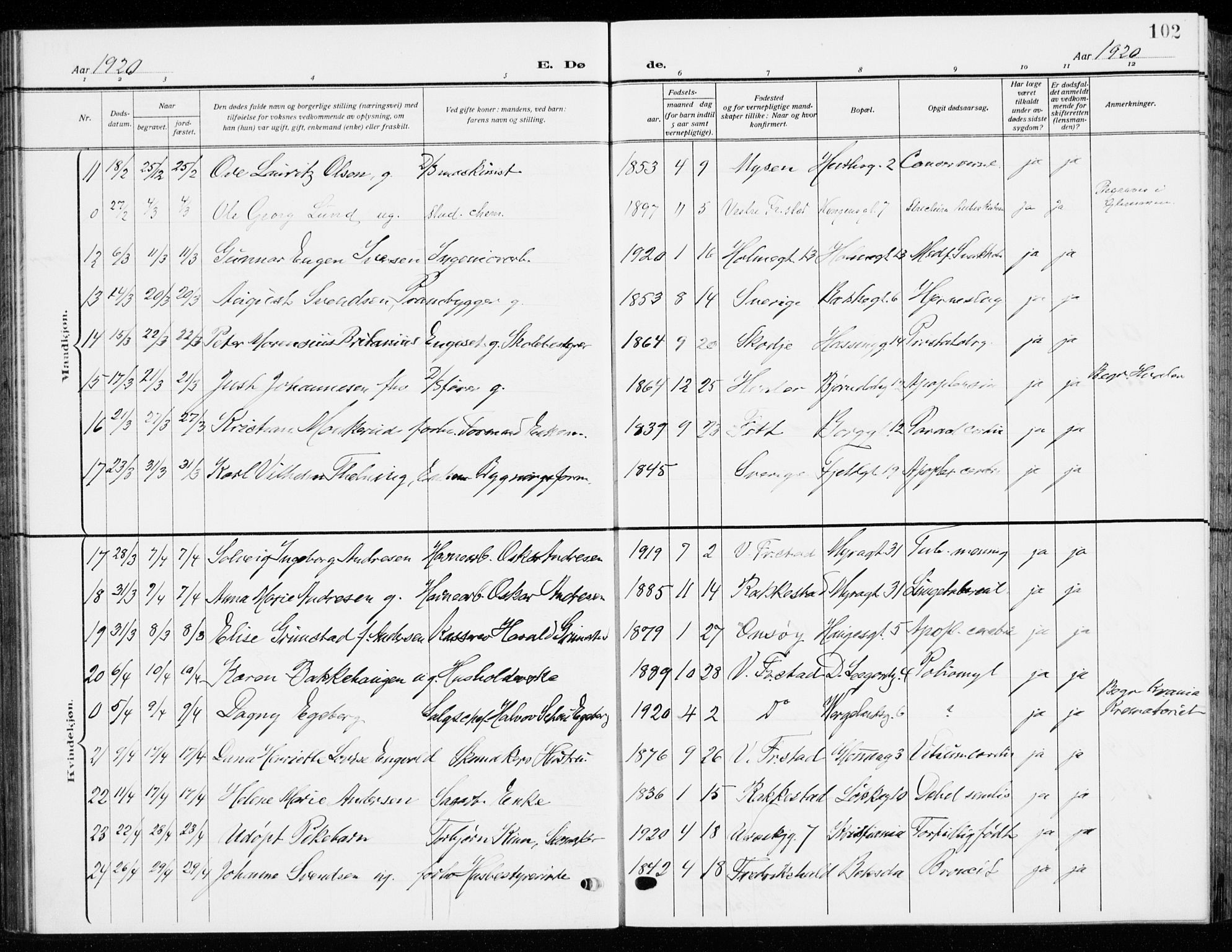 Fredrikstad domkirkes prestekontor Kirkebøker, SAO/A-10906/G/Ga/L0004: Parish register (copy) no. 4, 1910-1944, p. 102