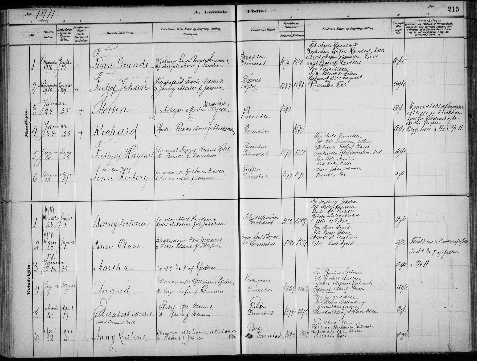 Grimstad sokneprestkontor, SAK/1111-0017/F/Fa/L0003: Parish register (official) no. A 2, 1882-1912, p. 215