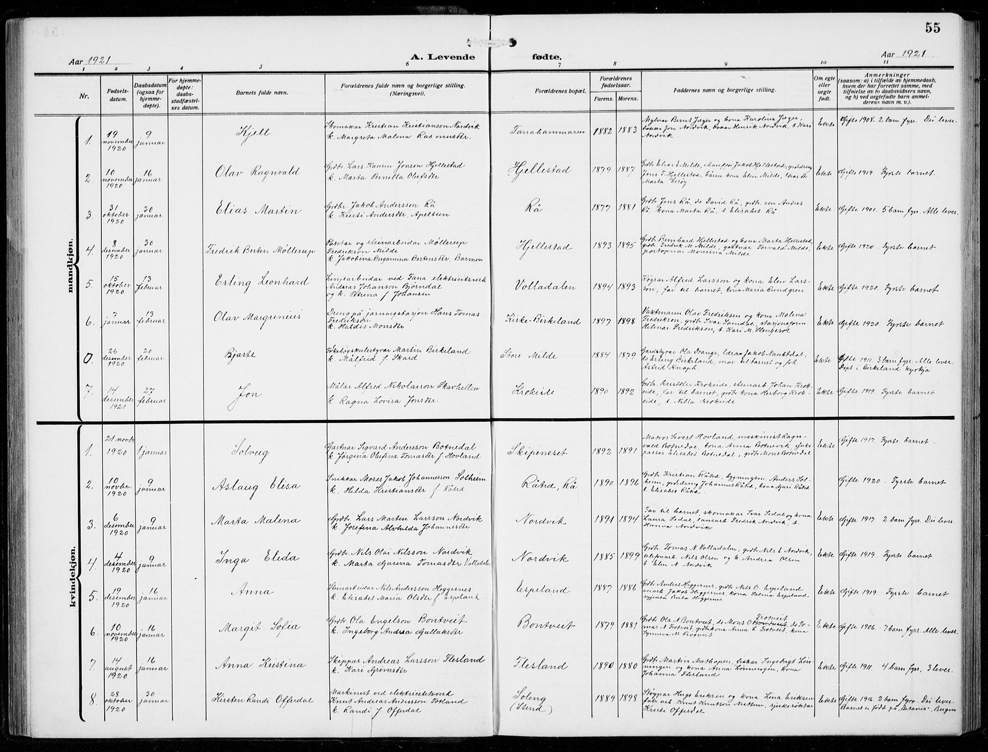 Fana Sokneprestembete, AV/SAB-A-75101/H/Hab/Haba/L0005: Parish register (copy) no. A 5, 1911-1932, p. 55