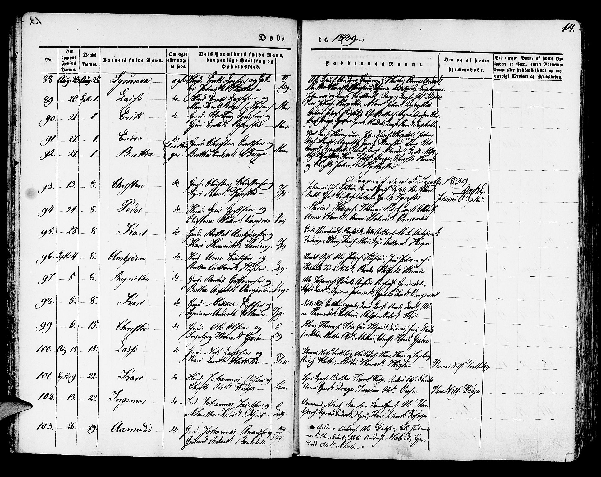 Leikanger sokneprestembete, AV/SAB-A-81001/H/Haa/Haaa/L0007: Parish register (official) no. A 7, 1838-1851, p. 14