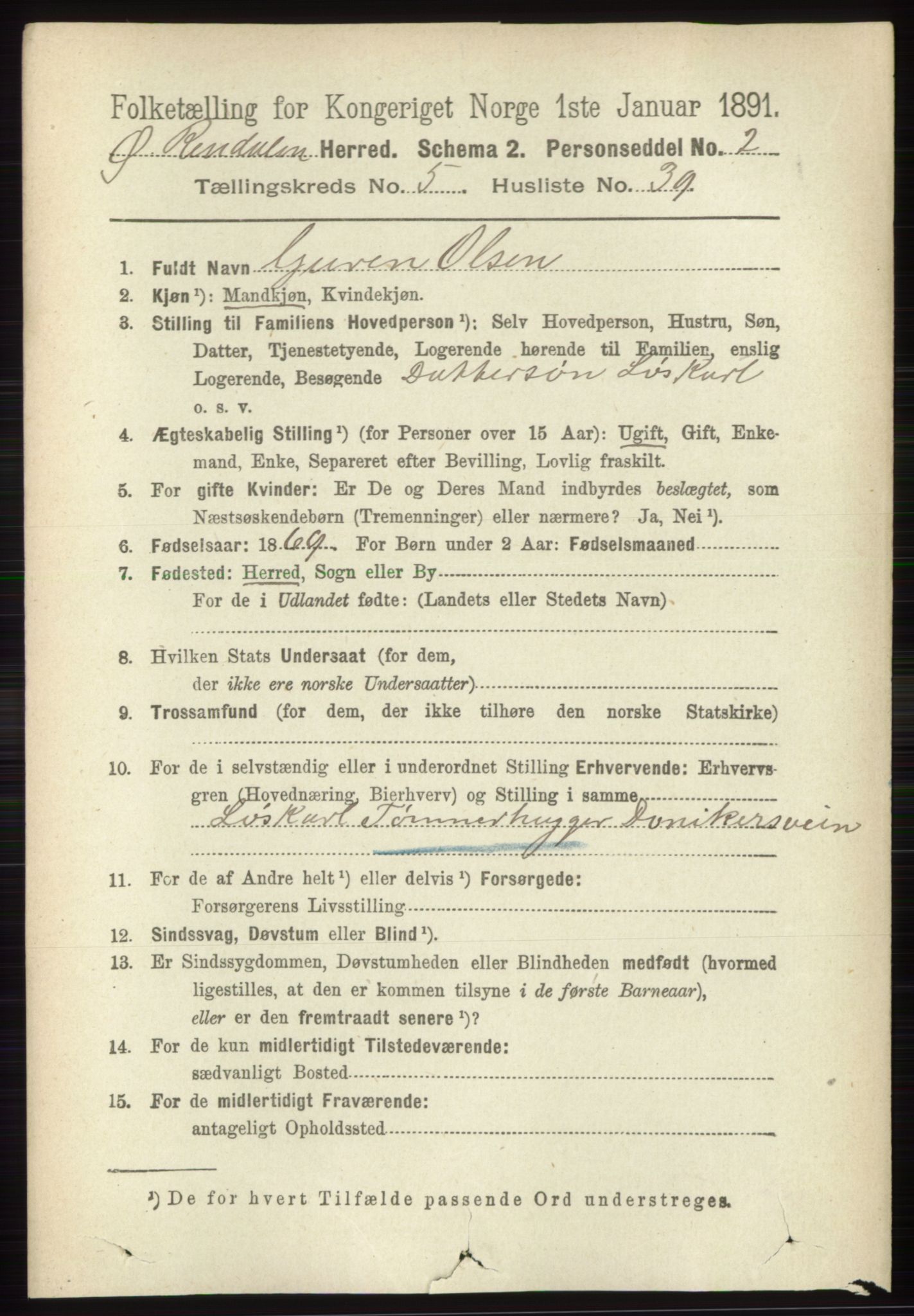 RA, 1891 census for 0433 Øvre Rendal, 1891, p. 1568