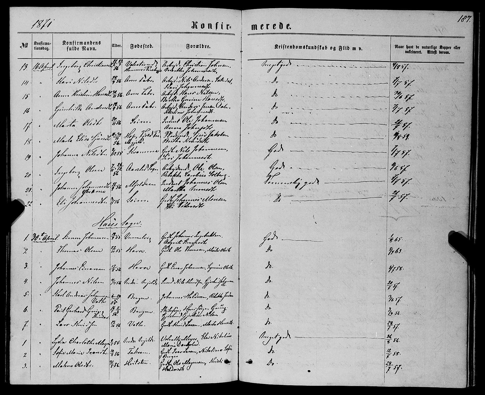 Haus sokneprestembete, SAB/A-75601/H/Haa: Parish register (official) no. A 18, 1871-1877, p. 187