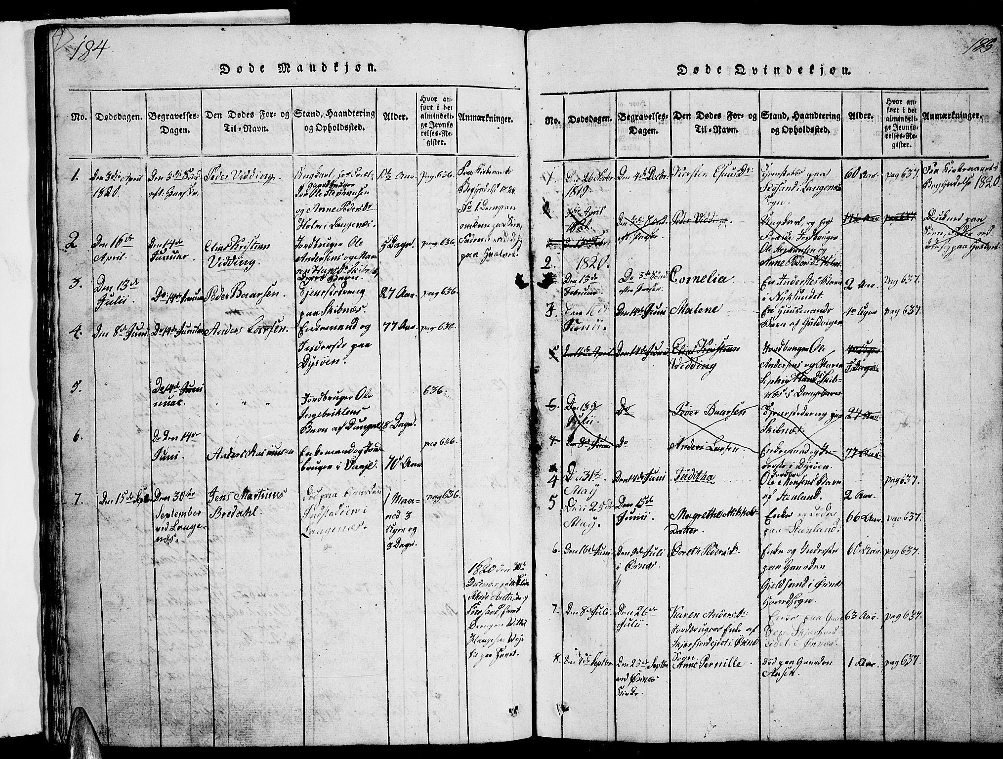 Ministerialprotokoller, klokkerbøker og fødselsregistre - Nordland, SAT/A-1459/893/L1346: Parish register (copy) no. 893C01, 1820-1858, p. 184-185