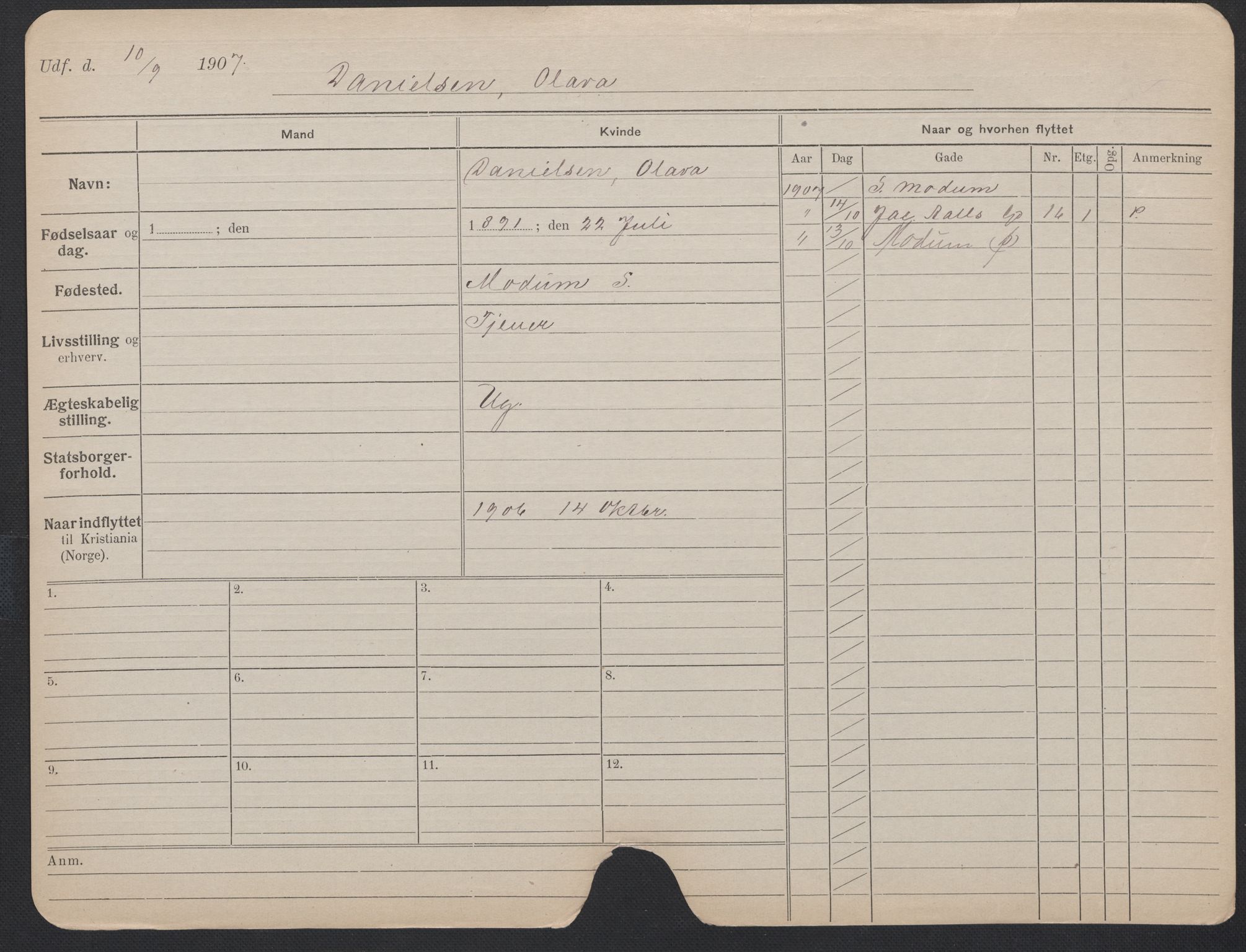 Oslo folkeregister, Registerkort, AV/SAO-A-11715/F/Fa/Fac/L0013: Kvinner, 1906-1914, p. 1226a