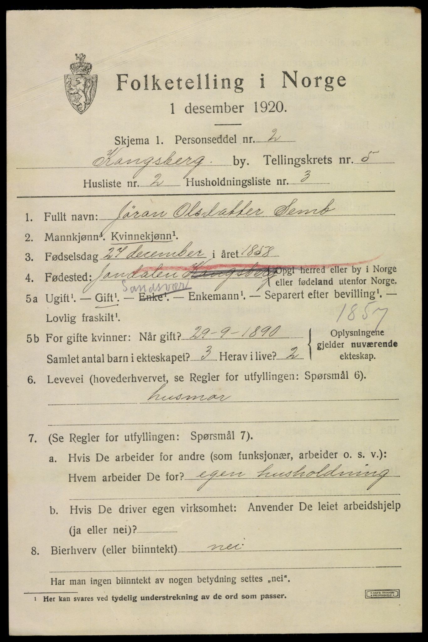 SAKO, 1920 census for Kongsberg, 1920, p. 12472