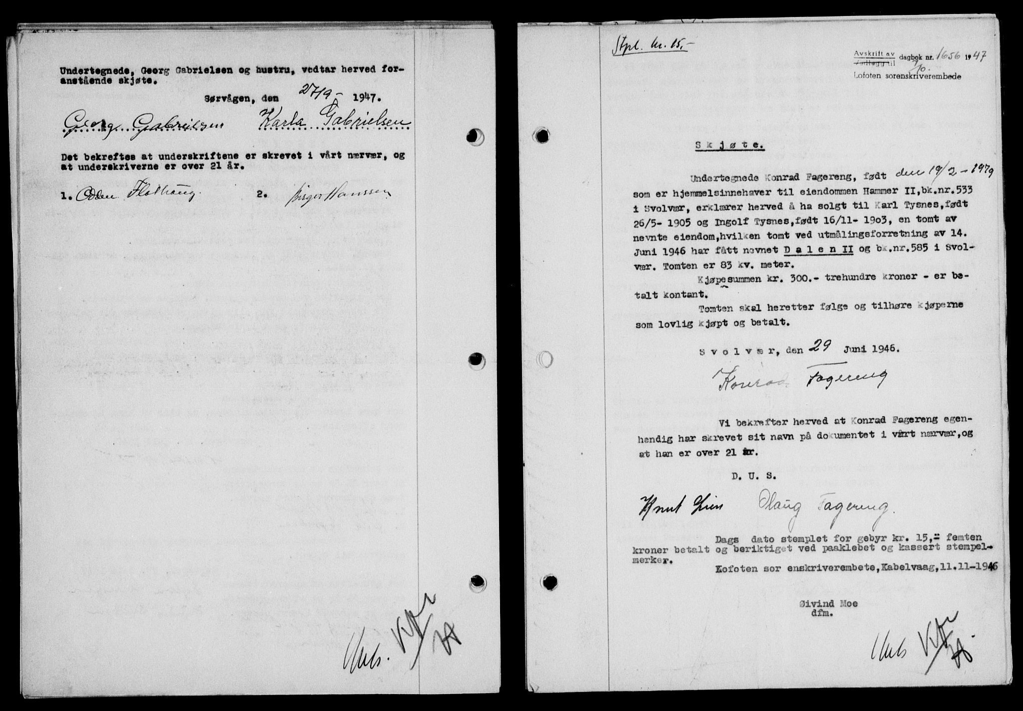 Lofoten sorenskriveri, SAT/A-0017/1/2/2C/L0017a: Mortgage book no. 17a, 1947-1948, Diary no: : 1656/1947