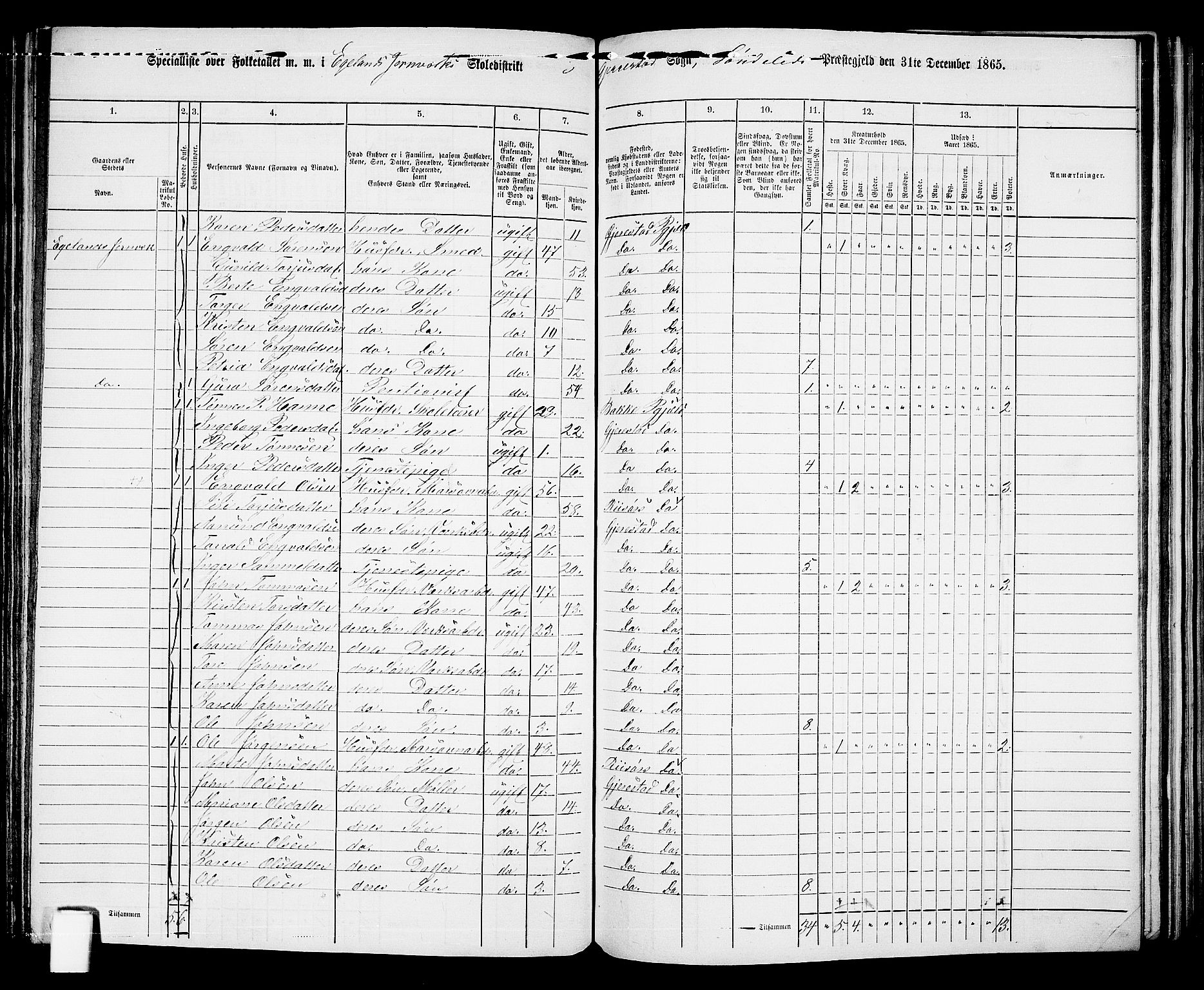 RA, 1865 census for Gjerstad, 1865, p. 126