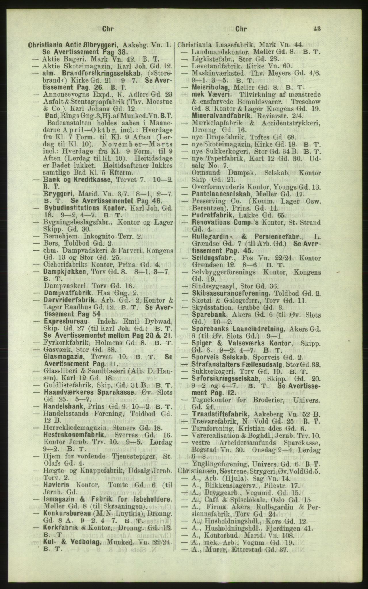 Kristiania/Oslo adressebok, PUBL/-, 1884, p. 43