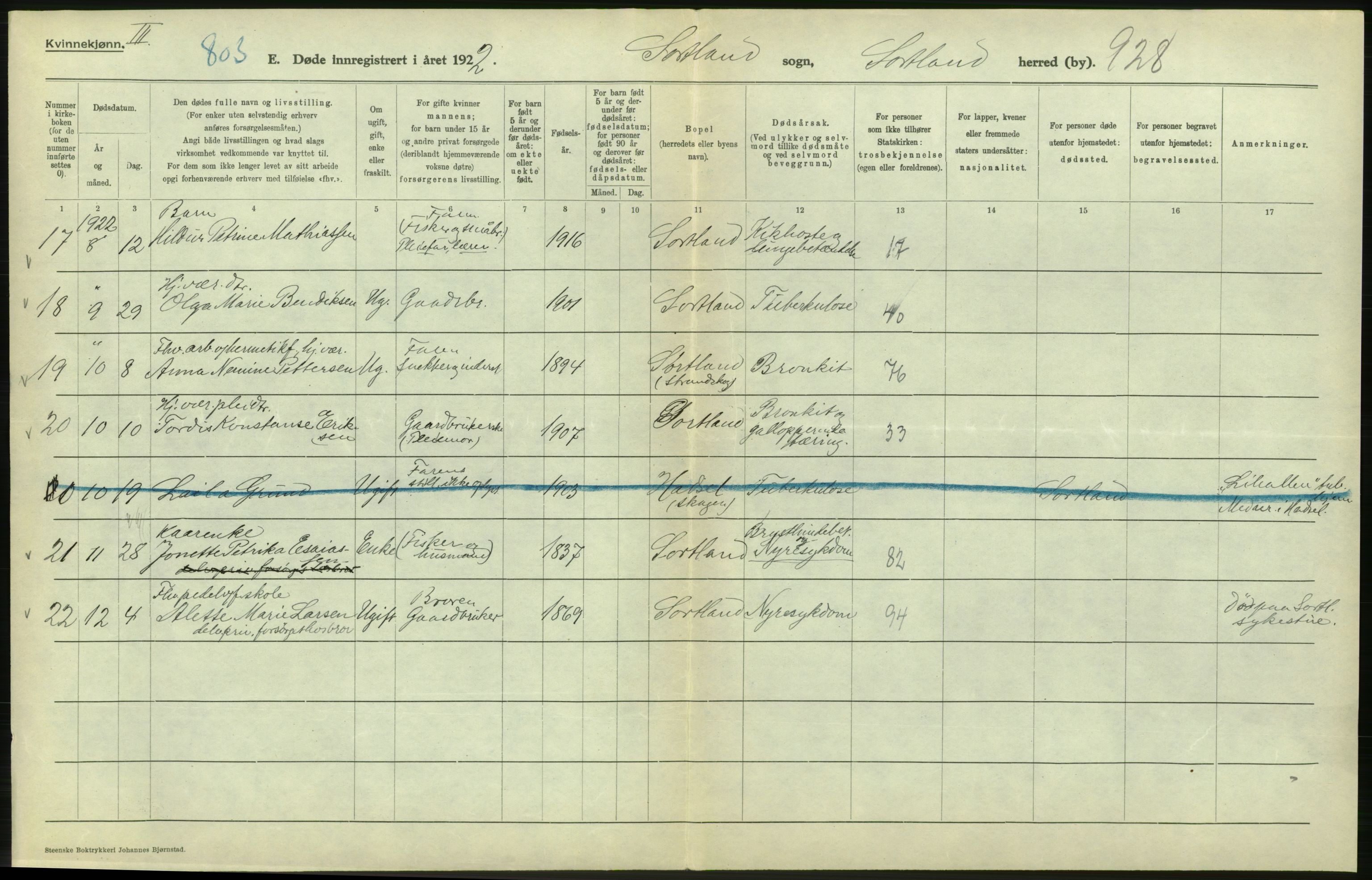 Statistisk sentralbyrå, Sosiodemografiske emner, Befolkning, RA/S-2228/D/Df/Dfc/Dfcb/L0046: Nordland fylke: Døde. Bygder og byer., 1922, p. 314