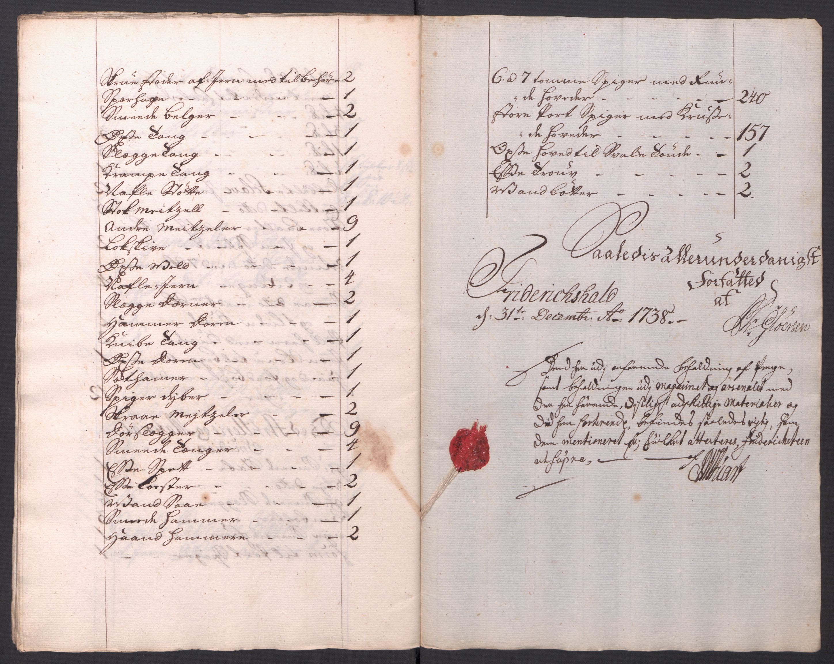 Kommanderende general (KG I) med Det norske krigsdirektorium, AV/RA-EA-5419/D/L0154: Fredriksten festning: Brev, inventarfortegnelser og regnskapsekstrakter, 1730-1739, p. 592