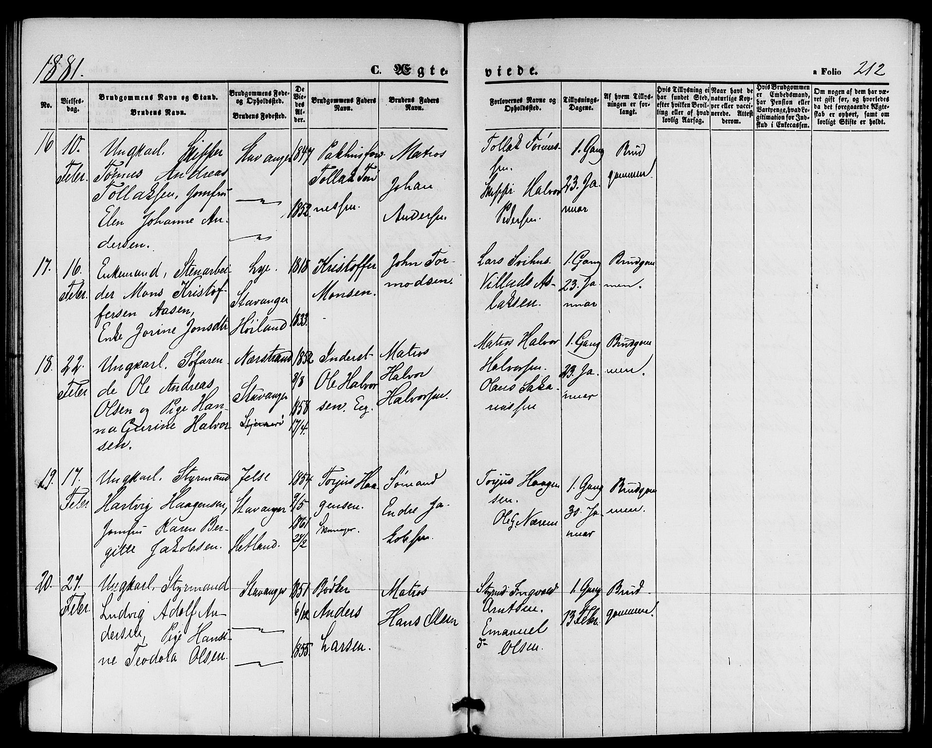 St. Petri sokneprestkontor, AV/SAST-A-101813/001/30/30BB/L0002: Parish register (copy) no. B 2, 1865-1885, p. 212