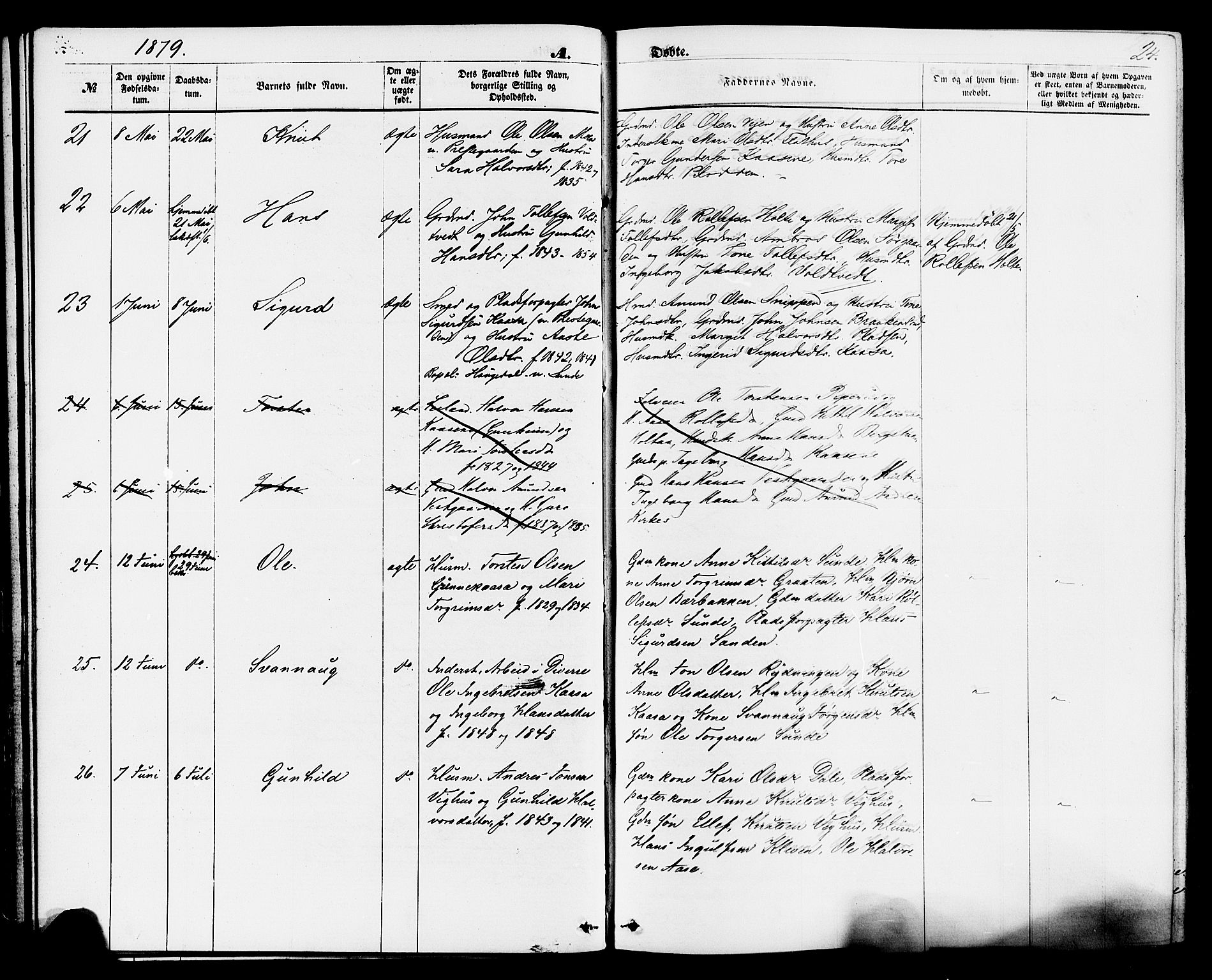 Sauherad kirkebøker, AV/SAKO-A-298/F/Fa/L0008: Parish register (official) no. I 8, 1873-1886, p. 24