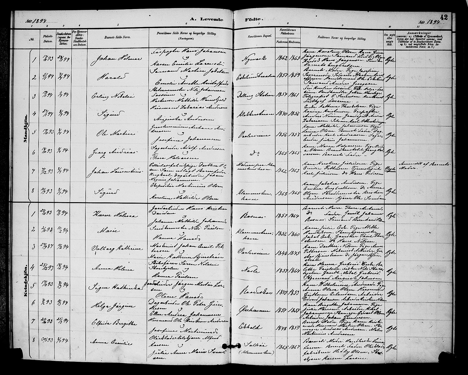 Rygge prestekontor Kirkebøker, AV/SAO-A-10084b/G/Ga/L0002: Parish register (copy) no. 2, 1887-1905, p. 42