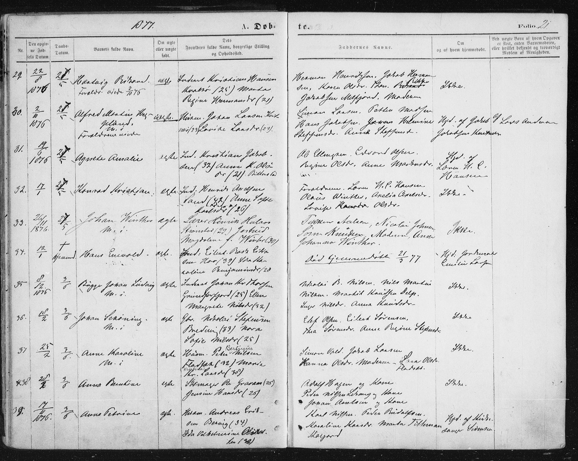 Ministerialprotokoller, klokkerbøker og fødselsregistre - Nordland, AV/SAT-A-1459/888/L1243: Parish register (official) no. 888A09, 1876-1879, p. 21