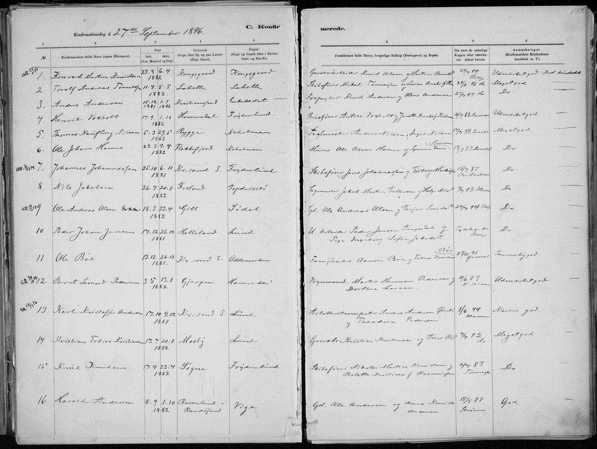 Oddernes sokneprestkontor, SAK/1111-0033/F/Fa/Faa/L0009: Parish register (official) no. A 9, 1884-1896, p. 184