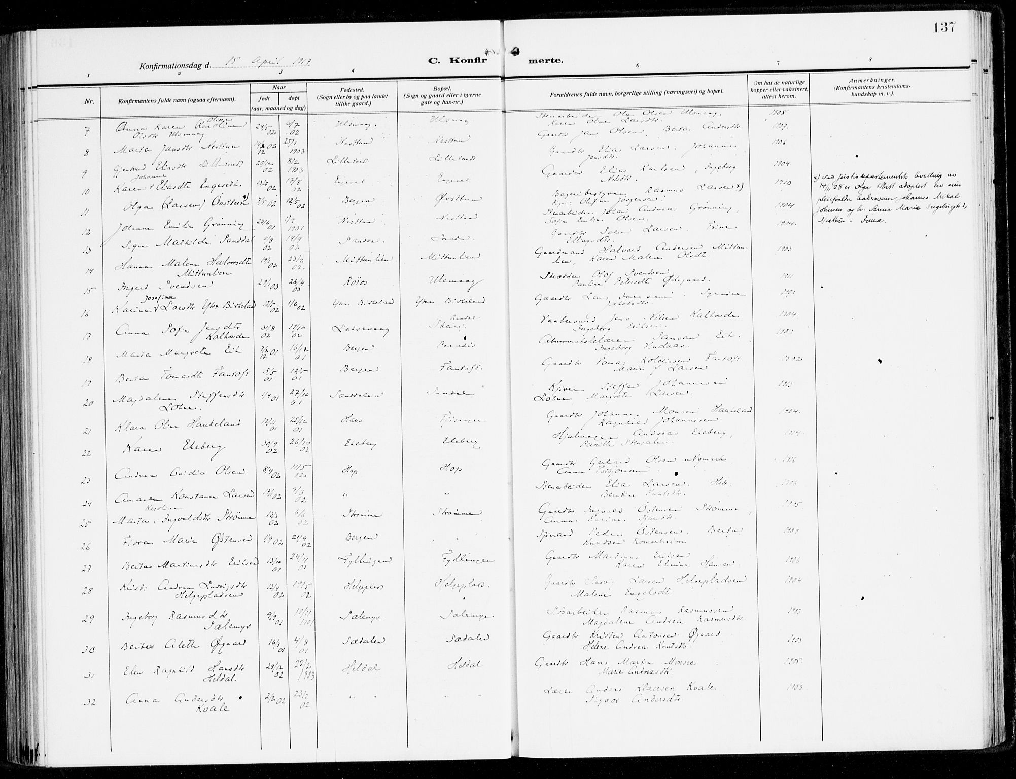 Fana Sokneprestembete, SAB/A-75101/H/Haa/Haai/L0004: Parish register (official) no. I 4, 1912-1933, p. 137