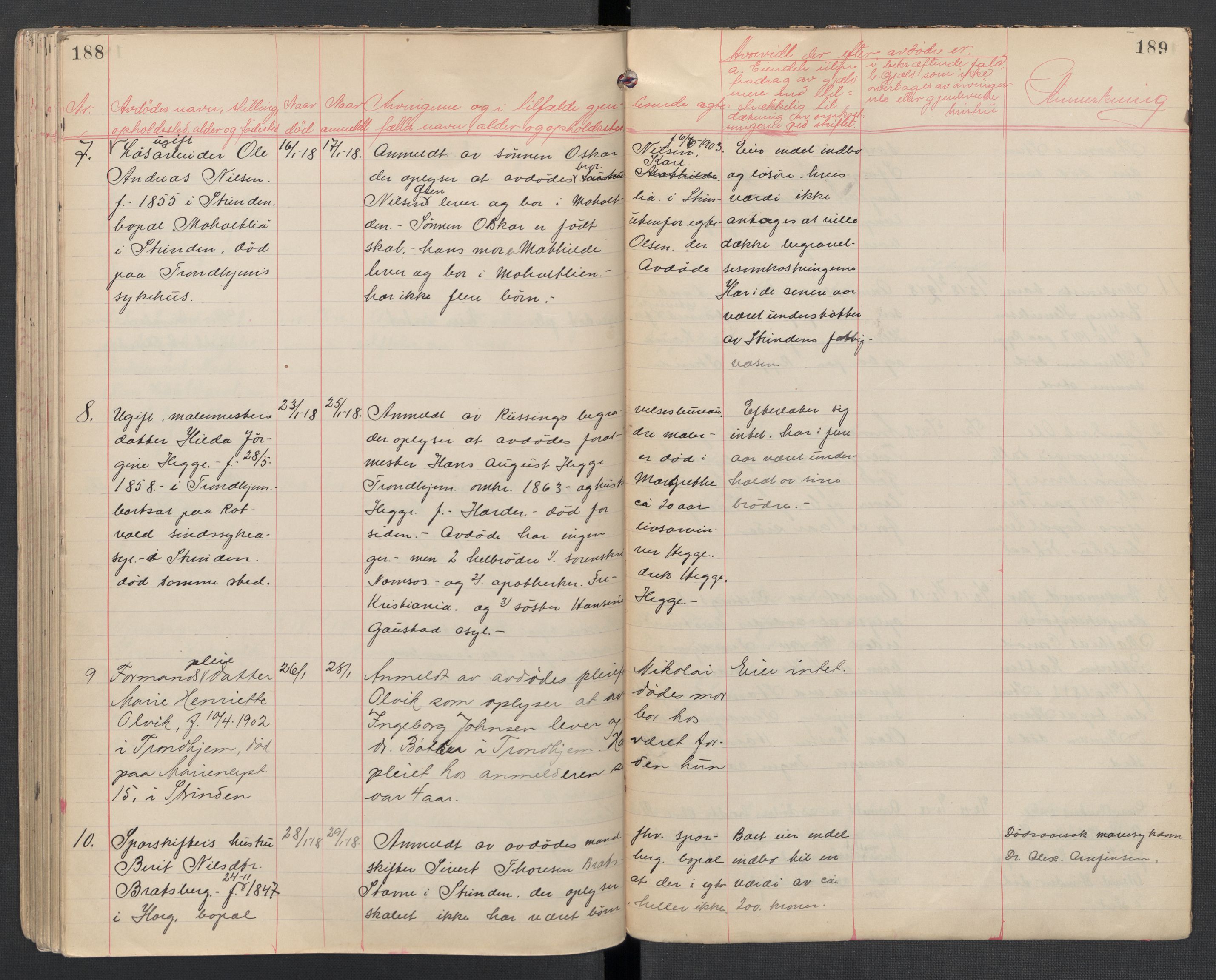 Strinda lensmannskontor, AV/SAT-A-1083/1/02/L0002: 2.01.02 Dødsfallsprotokoll, 1915-1918, p. 188-189