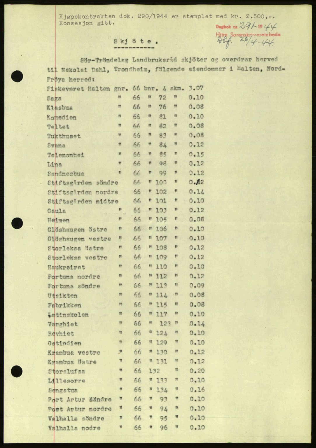 Hitra sorenskriveri, AV/SAT-A-0018/2/2C/2Ca: Mortgage book no. A2, 1943-1945, Diary no: : 291/1944